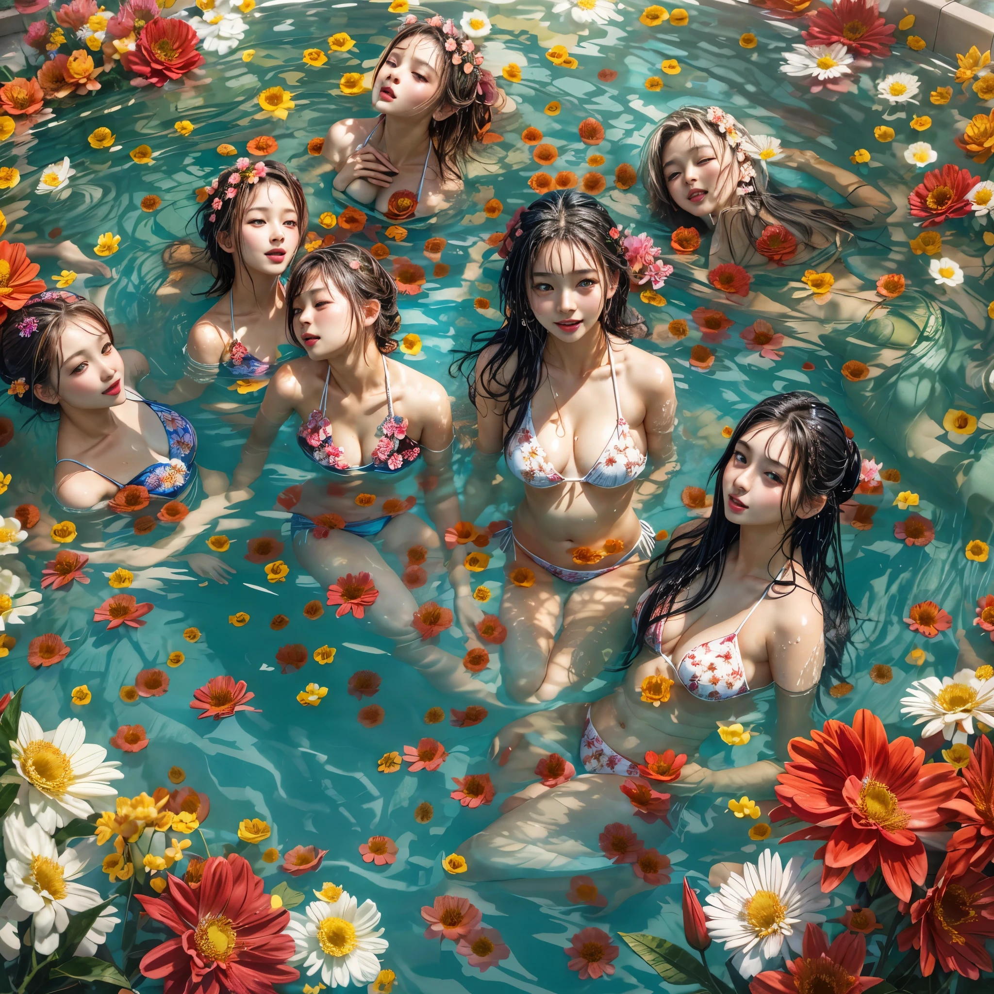 (Full of colorful flowers, White and Red, ((Overhead shot, From directly above))), (Acutance:0.85), ((NSFW:-0.95)), (Exposed:1.1), (((nipple:-0.99))) . ((Group photo of 6 girls (laying in a pool filled with flower:1.25))), { (Full of flowers covering and surrounding girl's body:1.2) | (Flower Bikini knitted with flowers:1.3) }, (((Extremely Detailed KAWAII face variations)) with joyful expressions), { (pretty Ass) | Overflowing sideboob | Overflowing underboob | Hidden hands | Bloody crotch } . Masterpiece of 8K Finest Quality, (Physically-based 3D Rendering with Ultra-detailed:1.2), (((Realistic and Photorealistic with touch of rawness:1.37))) . { wet and oiled ivory skin with tanline | Sparkling splash with Rainbow | Mystic sight | God rays | Haze }. (Absolutely filled with flowers), Overflowing flowers, all of water surface is absolutely filled with flowers, Full of flowers .