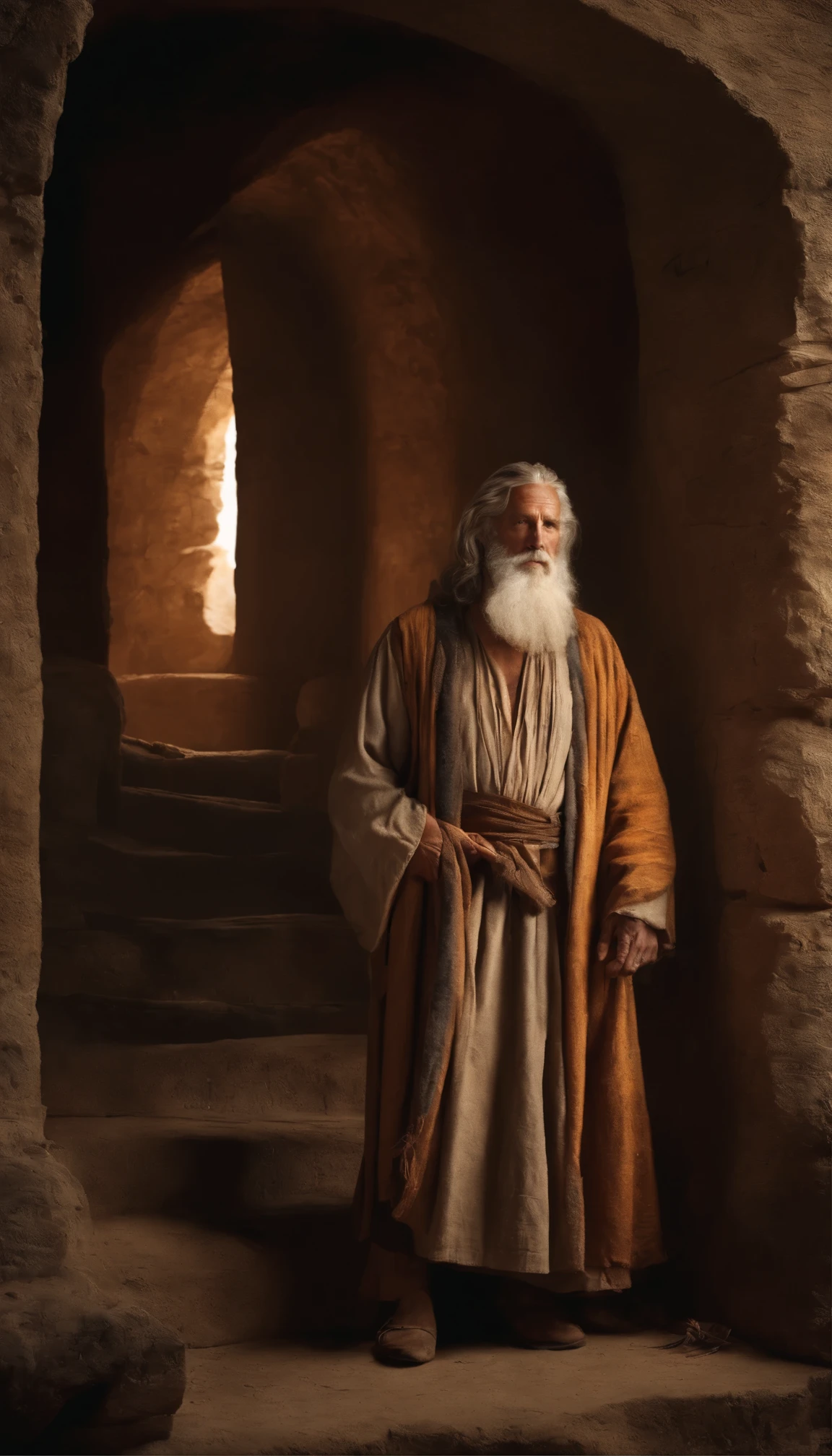 Develop an ultra-realistic image of an Old Testament prophet Job in a time of pain and illness ,Imagine ele vestido de roupa de saco, rubbing wounds with shards in a rustic setting,e empoeirado