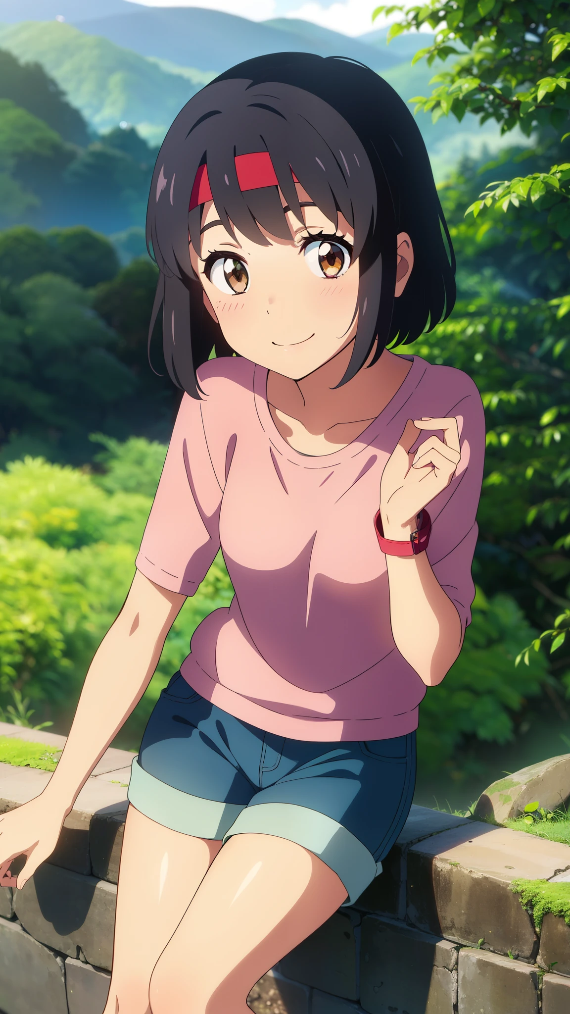 shinkai makoto, kimi no na wa., 1girl, bangs, black hair, blush, brown eyes, shiny skin, red headband, green casual shirt, blue shorts, short hair, smile, cute, solo, happy, Rainforest background, in the forest