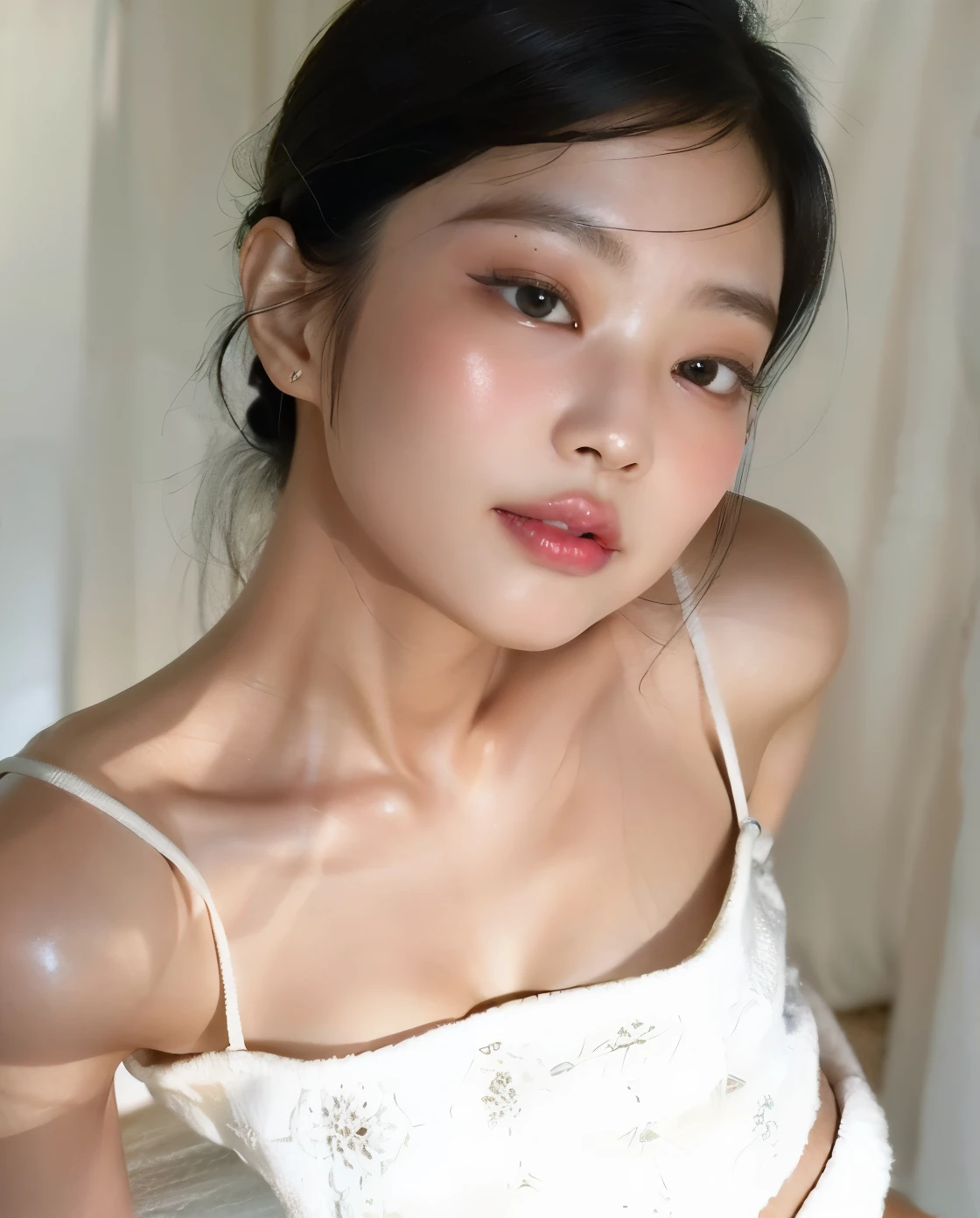 there is a woman in a white top posing for a picture, with bonito - fino - rosto, young pale and beautiful asian face, young lovely korean face, adorable and pale korean face, gema chen, bonito-fino-cara, bonito - fino - rosto, Kimi Takemura, jaeyeon nam, lindo rosto delicado, beautiful aesthetic face, jennie blackpink, shikami