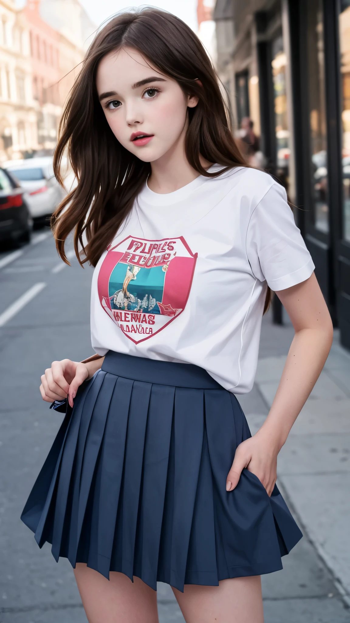Zoey Deutch, pleated skirt, t-shirt dress, erection: 1.2, penis, big, long, veins, testicles