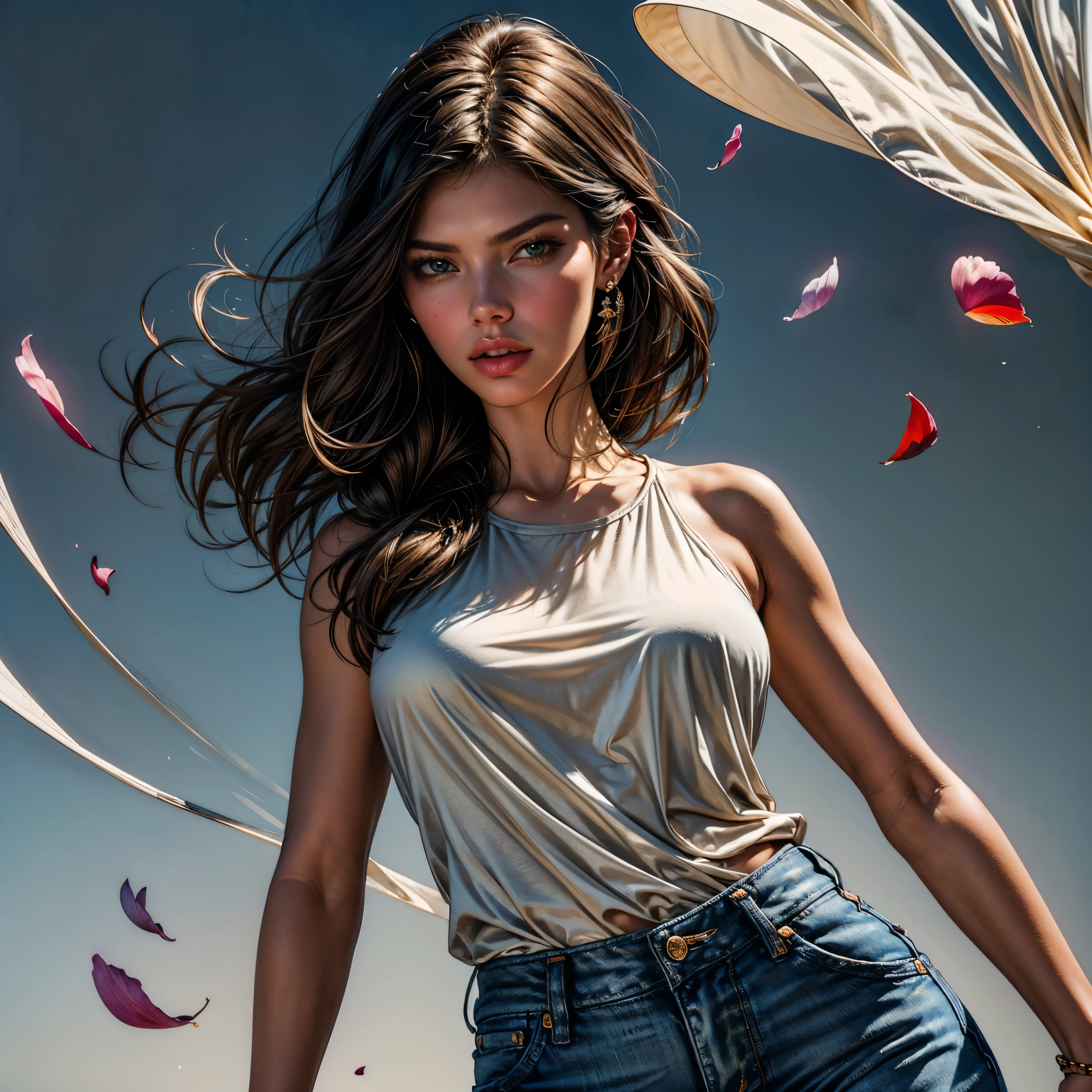 style FANTASTIC::Marc Silvestri ::5.0 COMIX illustration style, Fantastic Paintings--quality ,illustration style, DETAILED ,TATOON STYLE , Adriana Lima ,beautiful woman with long straight haiR ULTRA DETAILED, (beautiful and clear background:1.2), (extremely detailed CG, ultra-detailed, best shadow:1.1), ((depth of field)), ((watercolor)), large breasts(with jeans and a white t-shirt or dress:1.3), bare shoulders, flowers and petals, beautiful concept illustration , (white background:0.5), (illustration :1.1), (extremely fine and beautiful:1.1), (perfect details:1.1) varied multi etc. --v 6 --s 1000 --c 20 --q 20 --chaos 100