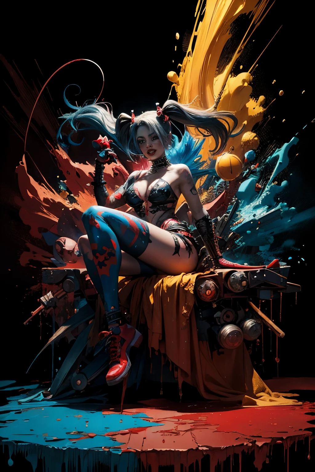 (Top Quality, 8k), Demented Harley Quinn, Full Figure, Athletic Full Body,
Splash art style with bright color paint, Contour, Hyperdetailed, intricately detailed,
Unreal Engine rendering, Fantastical, Surreal, intricate detail,
Splash screen presentation, Complementary colors palette,
DeviantArt masterpiece, Oil painting technique, Heavy strokes, Paint dripping,
Realistic yet exaggerated, Highly detailed,
Showcasing Harley Quinn in a chaotic and demented pose,
Bright red and blue color scheme contrasting against the dark background,
Detailed textures on her skin and