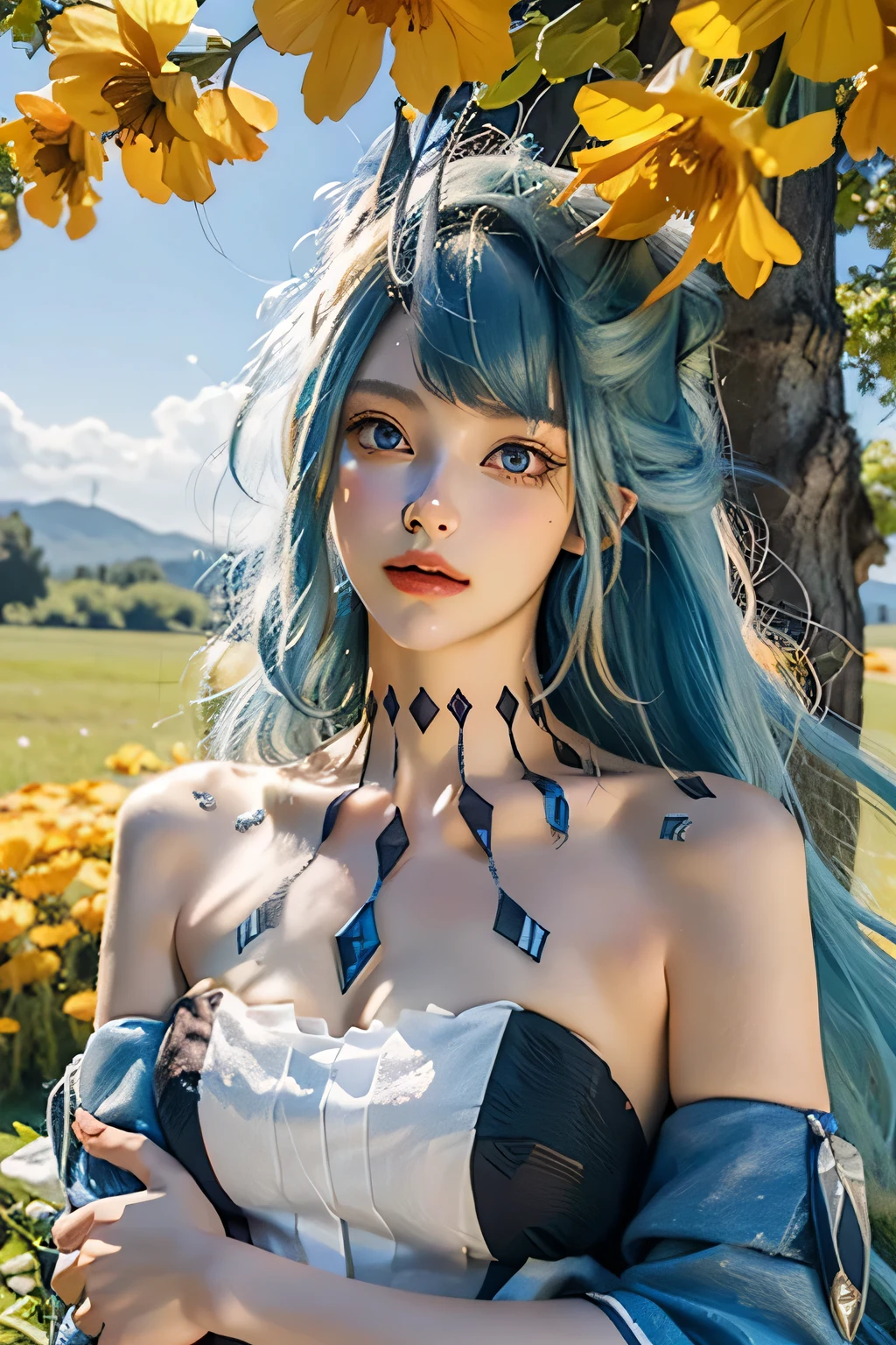 (realistic, photorealistic),(cowboy shot), ((close)), layla_Genshin, blue hair, long hair, yellow eyes, pointy ears, bare shoulders, blue detached sleeve, Upper body, Are standing,  (masterpiece, high quality, 最high quality), (colorful),(delicate eyes and face), volumatic light, ray tracing, bust shot ,Highly detailed CG Unity 8K wallpaper,alone((flying petals)),(flowering meadow) null, blue null, Sunny, light, fantasy, the wind is strong, magic sgardens, outdoor, garden, wood, flowers, lake,