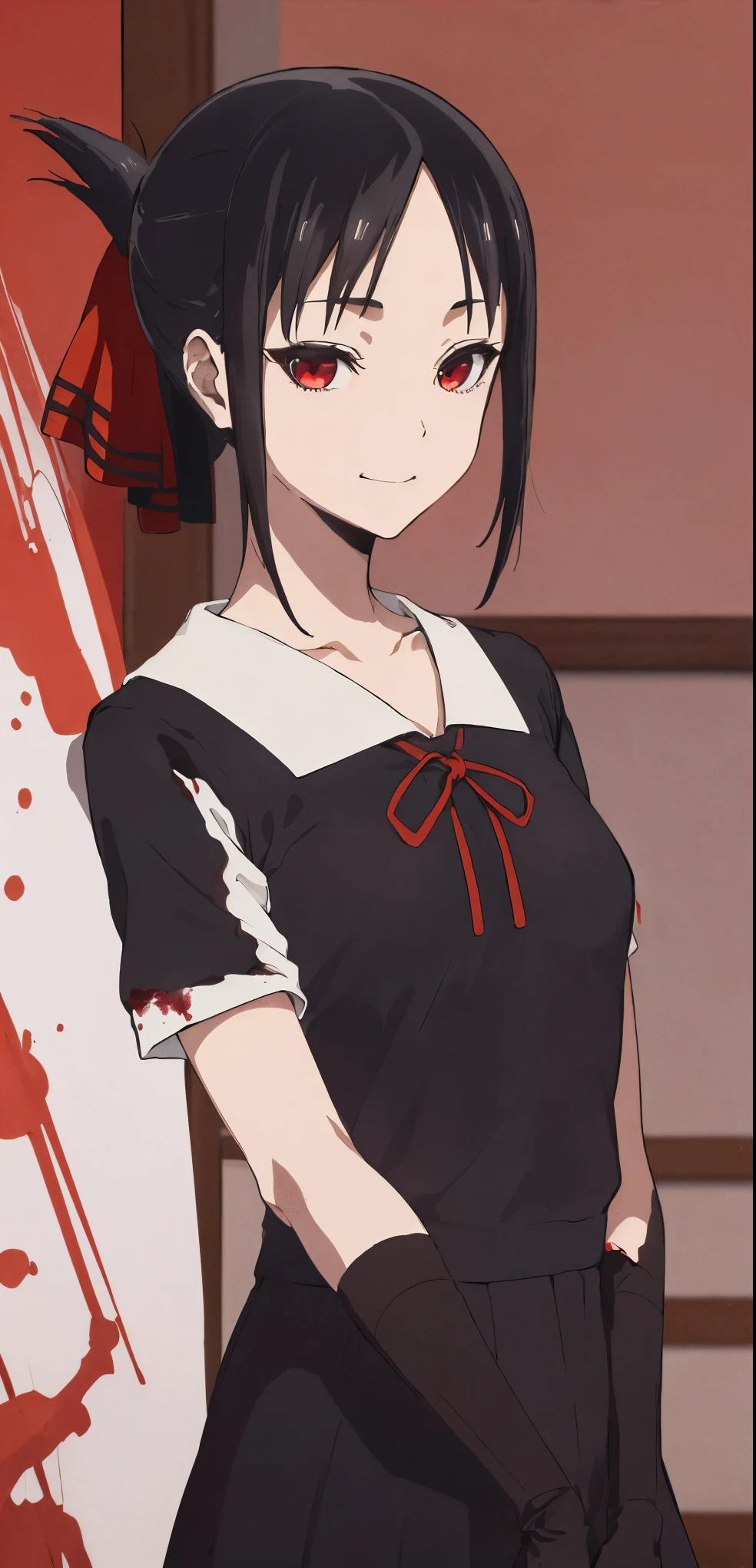 best quality, (masterpiece:1.2), detailed,
shinomiya kaguya,
1girl, solo, closed mouth, light smile,
black hair, red eyes, short hair, folded ponytail, hair ribbon, no sleeve, red ribbon,
standing, looking at the viewer, medium breasts,((upper body)), (((blood, evil, cruel girl, dominant))).