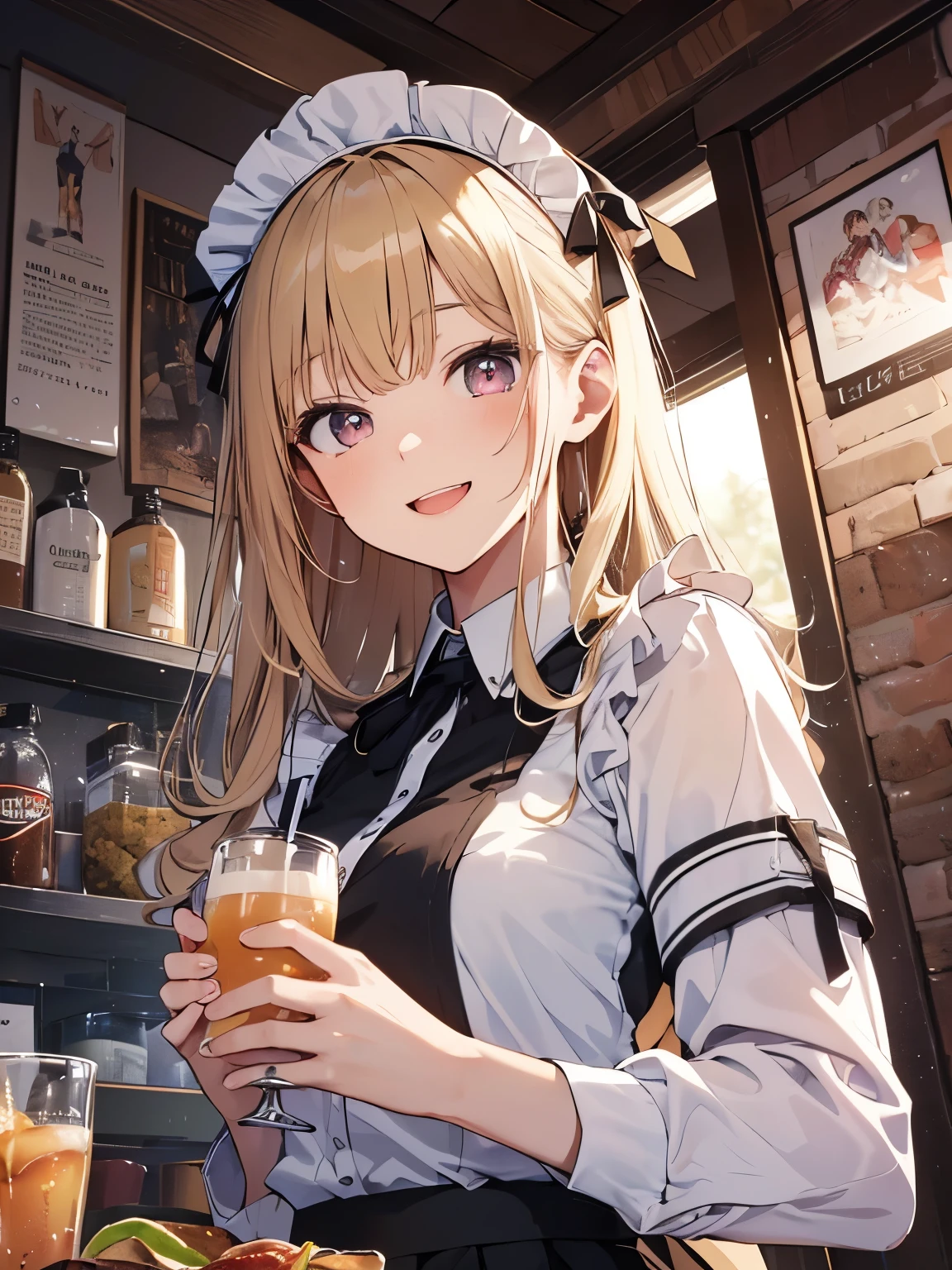 (official art、highest quality、Unity 8k wallpaper、32K、masterpiece、super detailed、超high resolution、realistic、Photoreal:1.2)、(cinematic lighting:1.2)、fire glow effect、film grain、best shadows、rim lighting、side light、(Super detailed and complex 3D rendering)、beautiful background、detailed beautiful face and eyes、(Beautiful and sharp pupils)、masterpiece, high resolution、highest quality, Ultra - High resolution, maximum resolution, very detailed, professional lighting, beautiful skin, 25 year old woman、very pretty, (((Inside the cafe、waitress、Maid clothes、work at a cafe、(((Maid clothes、skirt、socks)))、bright hair color、blonde、bangs、dull bangs、 (((happy expression、Pick-up、look away、Hospitality、looking far away、彼女はlooking far away)))))))、((the girl is looking away、The girl is looking to the side、looking at something else、the girl is busy at work、angle from below)), (((((waitress、Use trays to carry drinks and snacks、(((Voyeurism from below)))))、((Perfectly structured limbs、Perfect and precise fingers、balance of each part of the body)
