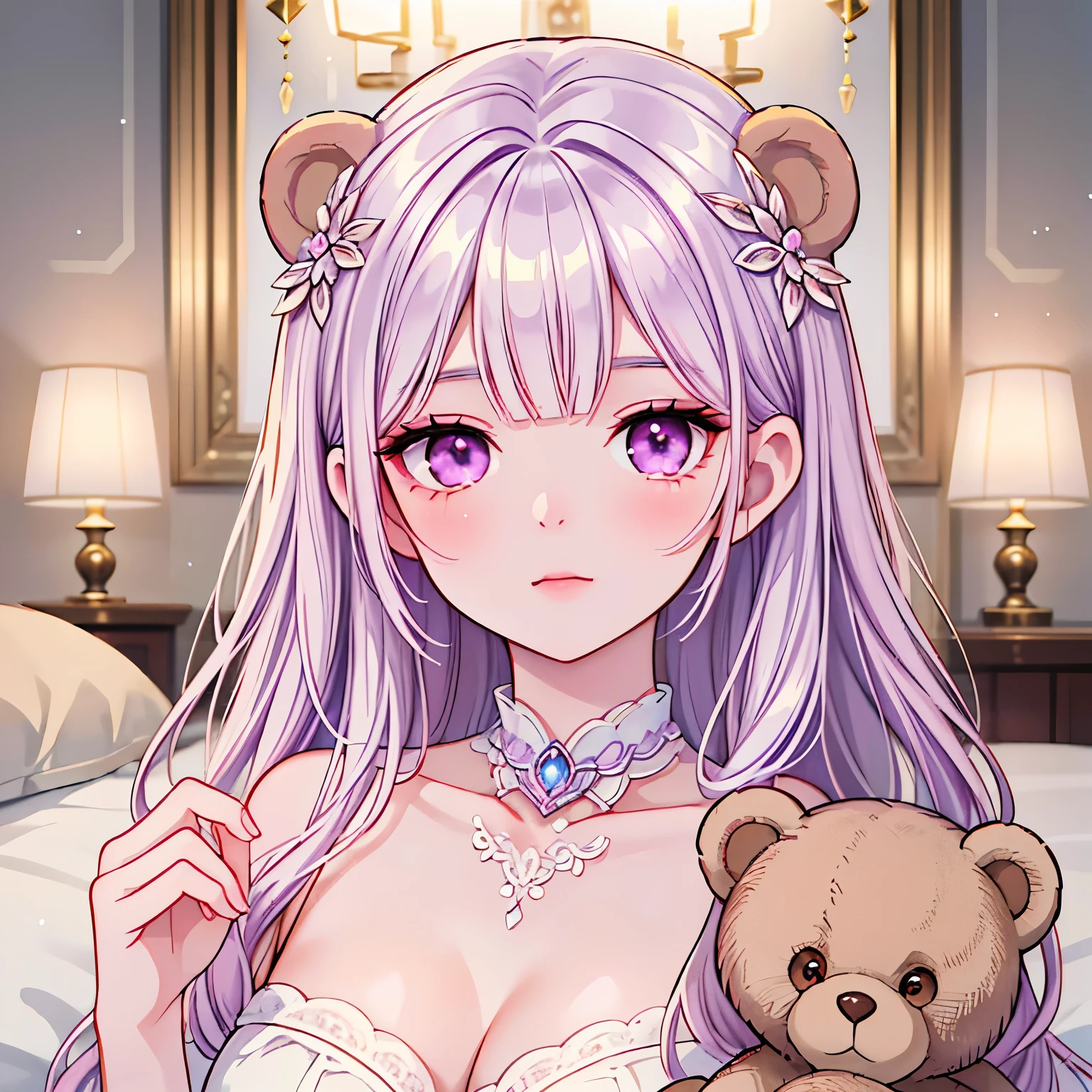 (Ultra-Detailed:1.2), (8K, Best Quality), (Face Close-Up), (Masterpiece:1.2), (Illustration:1.2), (Shiny Skin), (Cinematic Lighting), (1Girl), (Glowing Eyes), (Glamorous Short Hairstyle), Pinterest Trends, DeviantArt Trends, (Delicate Detailed), (Intricate Details), (Octane Render), (Glowing Accessories), (Detailed Glowing Room With Lots Of Teddy Bears:1.2), (Purple Glamorous Look), (Sitting On A Bed:1.2), (Holding A Teddy Bear:1.2), (Pastel Colors)