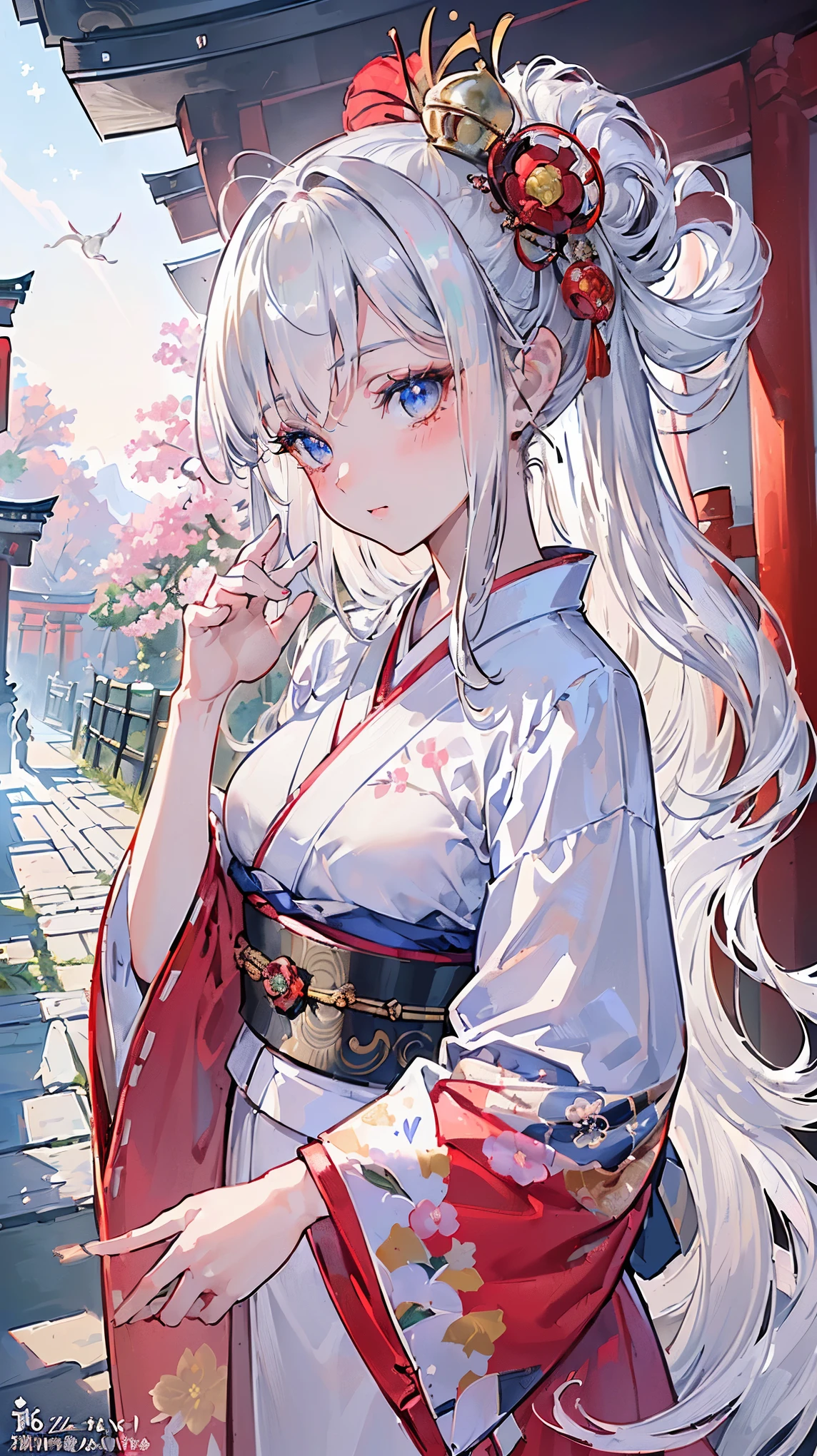 (((Masterpiece))), (((Highest quality))), ((Ultra-detailed)), ((Super fine illustration)), ((Ultra-fine painting)), (16K highest quality wallpaper:1.4), (Upper body:1.6), HDR, (Highly detailed and delicate illustration style:1.8), Detailed skin texture, Detailed cloth texture, Extreme detailed description, (T-masterpiece), (Highly detailed face:1.2), (Highly detailed shiny silver hair half updo:1.2), (Highly detailed clear eyes:1.2), Original, RAW photo, Professional, Intricate details, Super details, Direct light:1.6, (Perfect anatomy:1.4), (Highly detailed hands:1.2), (Highly detailed fingers:1.2), (Highly detailed fingertips:1.2), (16-years-old), Real, (Solo:1.8), ((A very beautiful and cute silver fox girl who is an idol and wears a bright red long-sleeved kimono with a floral pattern:1.4)) BRAKE (Beautiful and adorable silver fox ears:1.6), (Highly detailed and delicate silver fox ears:1.4), (Beautiful and well-shaped big breasts), (Beautiful and well-shaped buttocks), (Beautiful and shiny silver hair half updo:1.6), (Highly detailed and delicate silver hair half updo:1.2), (Beautiful clear blue eyes that shine with great detail:1.6), (Highly detailed and delicate blue eyes:1.2), (Highly detailed face:1.4), (Smile:1.3), (Blush:1.4), (Looking at viewer:1.4), (Celebration:1.3), Very detailed, beautiful and perfect hands:1.4, Very detailed, beautiful and perfect fingers:1.4, Very detailed, beautiful and perfect fingertips:1.4 BRAKE (Bright red long-sleeved kimono with floral pattern:1.4), (Japanese traditional costume:1.2) BRAKE (Concept art:1.2), (Detailed fantasy art:1.2) BRAKE (Different world:1.2), (Just after noon:1.4), (Very detailed and beautiful Ise Grand Shrine in Mie Prefecture just after noon in the background:1.6), (Standing in front of the torii gate:1.4), (Celebration:1.4), Ise Grand Shrine:1.4, Torii gate of Ise Shrine:1.4, Grounds of Ise Shrine:1.4, Very beautiful in the sunny sky background just after noon:1.4 BRAKE