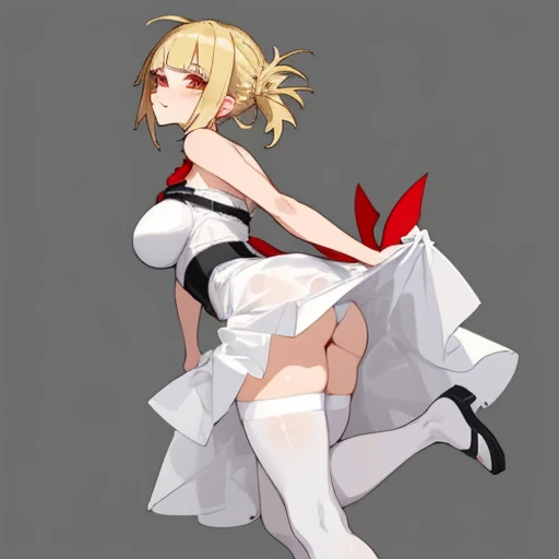(girl1), (anime), himiko toga, white, wearing a white dress showing the shoulders, with a thin straight skirt, like a dress cloth in the lower straight part, and in the lower part behind another straight cloth, showing the legs, with white stockings, and a sexy dress, look, the size of her breasts, they are size BBB+++, Super busty, and with a big ass