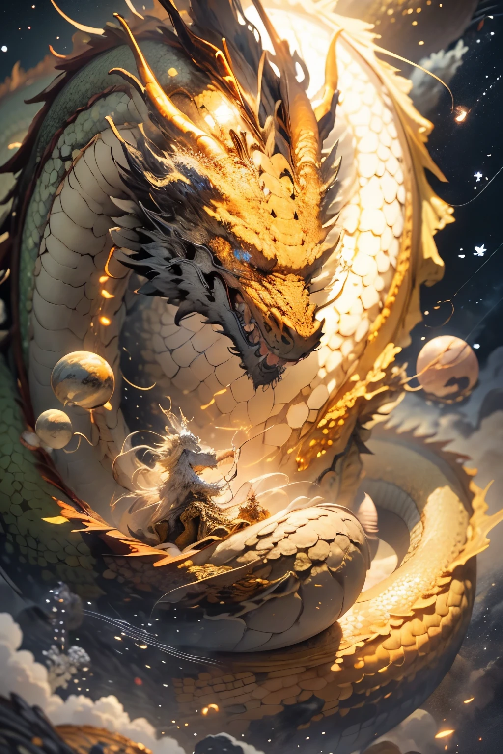 16K ultra high resolution、Ultra-fine masterpiece、(1 dragon)、Glowing in gold、Float through space、look at the earth