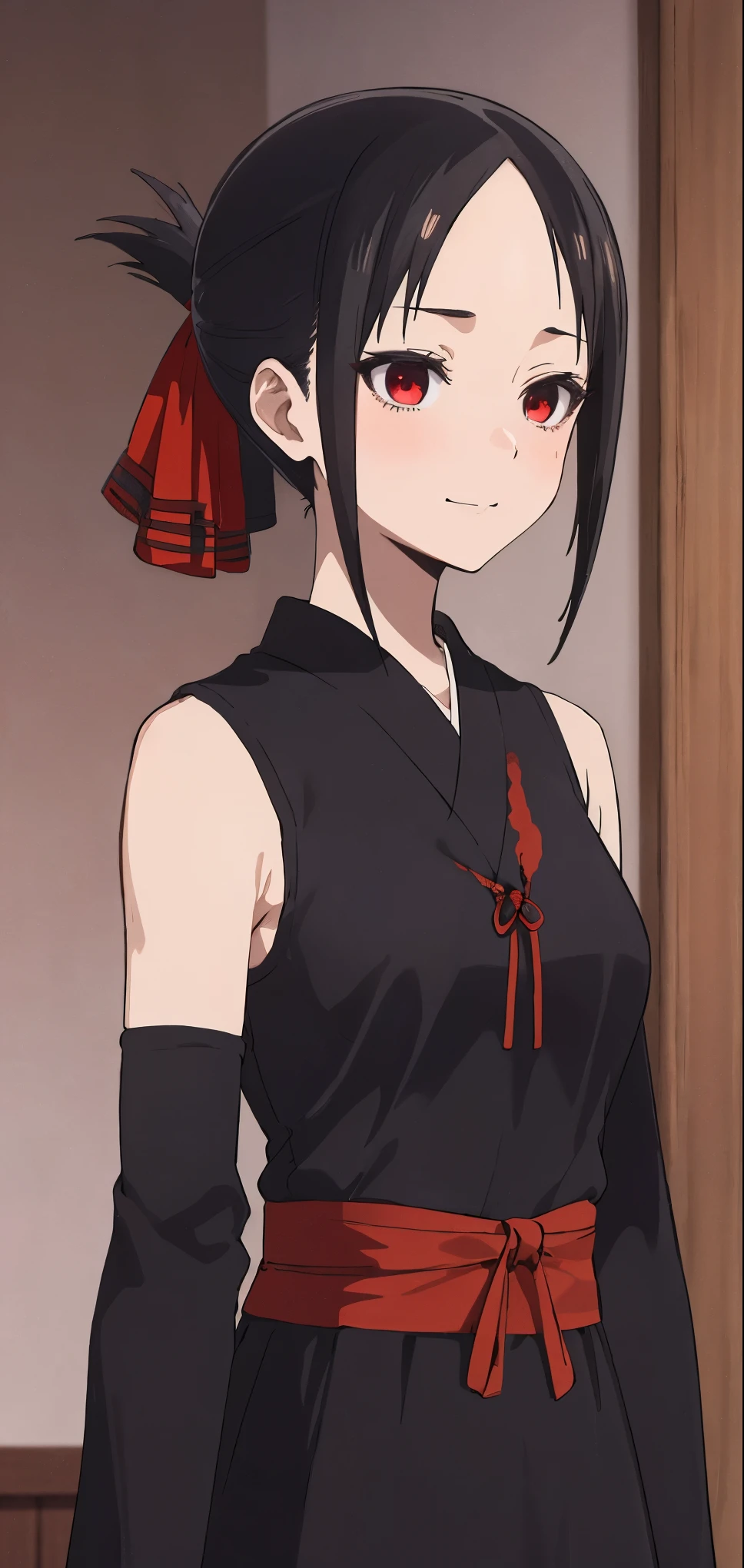 best quality, (masterpiece:1.2), detailed,
shinomiya kaguya,
1girl, solo, closed mouth, light smile,
black hair, red eyes, short hair, folded ponytail, hair ribbon, no sleeve, red ribbon,
standing, looking at the viewer, medium breasts,((upper body)), (((blood, evil, cruel girl, dominant))), blushed,  healthy skin. Ultra-detailed eyes. 