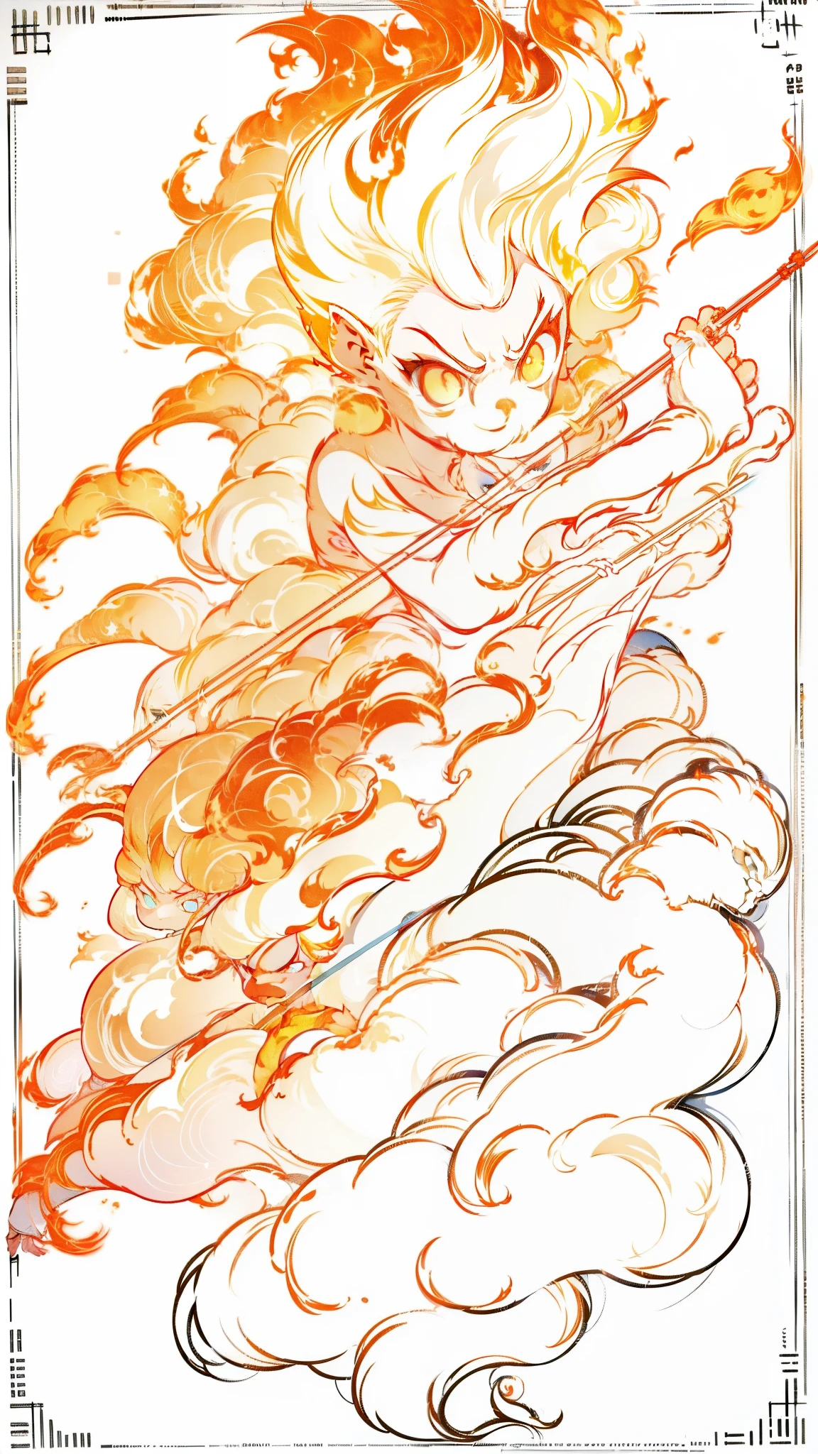 1girl,20s,small,angry,smile,white hair,flame_hair,burning body,attacking,(white background,line drawing),