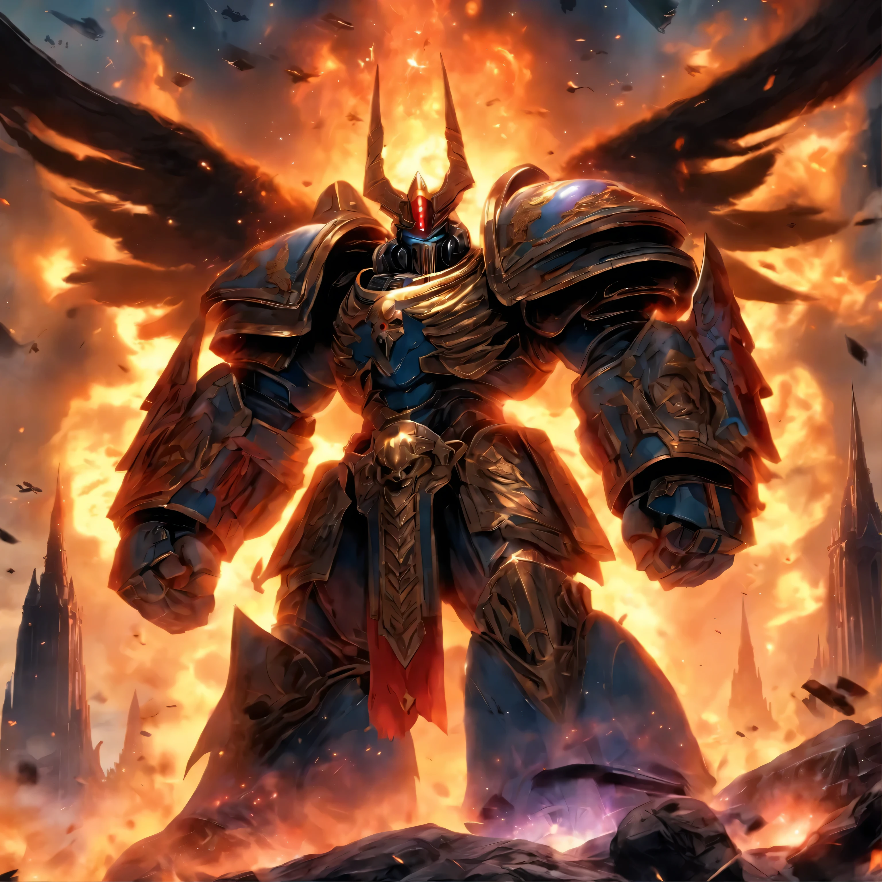 [melhor qualidade,ultra-detalhado,obra de arte:1.2],marine angelic space,armadura dourada ornamentada,espada de poder brilhante,ferozes asas de fogo,armadura usada em batalha,emblem of the Empire,Vox-caster,heroic pose,estatura desmedida,presence of foreboding,Grim determination,olhos azuis brilhantes,capacete carmesim,halo celeste,Manoplas de prata,catedral monumental ao fundo,atmosfera sombria,epic battle fought on the distant horizon,dark smoke and debris,ethereal celestial light,severed alien heads,alien ship wreckage,commander&#39;s insignia,reaching forward,defending humanity from unknown threats,intense sci-fi action,majestoso e inspirador,cosmic energy crackling around,otherworldly landscapes lit by explosions,apocalyptic scenario