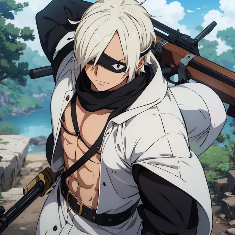 Anime male character, long white hair falling over his shoulders, black hunter jacket, hunting rifle, hunting weapon, headband covering his eyes, headband over his eyes, anime character, Blind character, one piece anime, freshly shaved