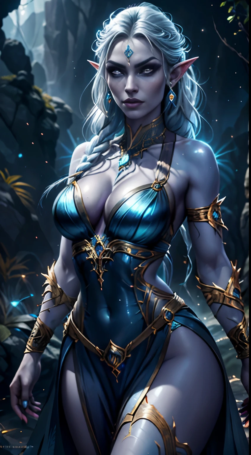 1girl, drow sexy, pele roxo-azul escura, long and elaborate braids of pale silver, ((Olhos vermelhos)), jewelries, orelhas de elfo, brincos, ((vestido sexy feiticeira branca)), ((maneja a equipe)), ((Cast light magic)), in a firelit cave, athletic, Volumetric lighting, best quality, master part, Realistic, anatomicamente correto, (Strong cinematic lighting), detalhes impressionantes, detalhes intrincados, 8K post-production, high resolution, super detalhes, trending on ArtStation, sharp focus, profundidade de campo f/1.8, studio photos, (((Looking at camera))), game street fighter, Warcraft,