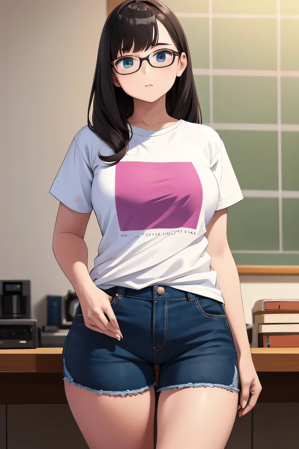 Beautiful girl in a tight T-shirt and shorts.wear glasses.smart look.