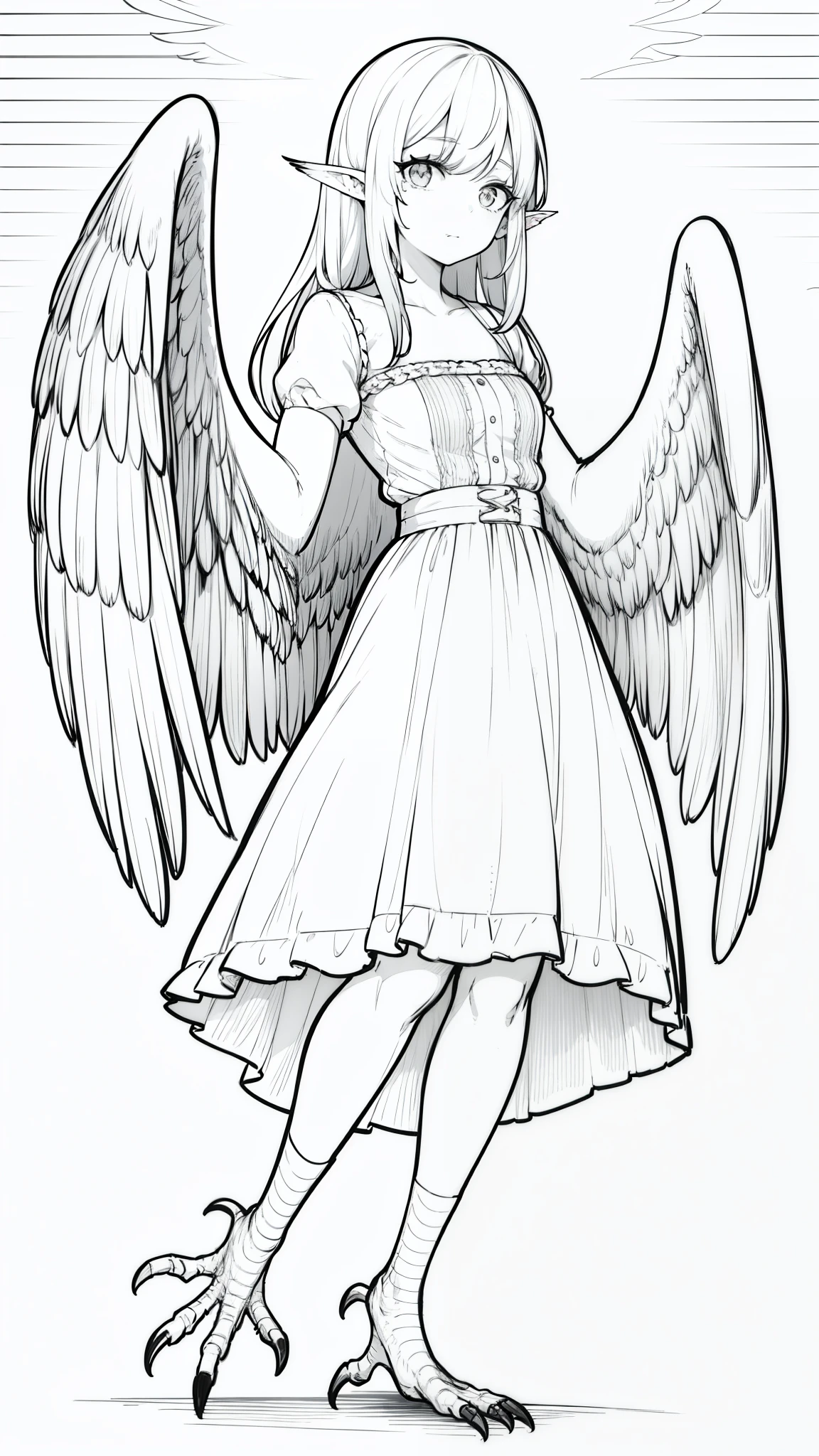 1woman,40s,happy,casual outfit,long hair,white hair,pointy ears,harpy,wings,no arms,(white background,line drawing),