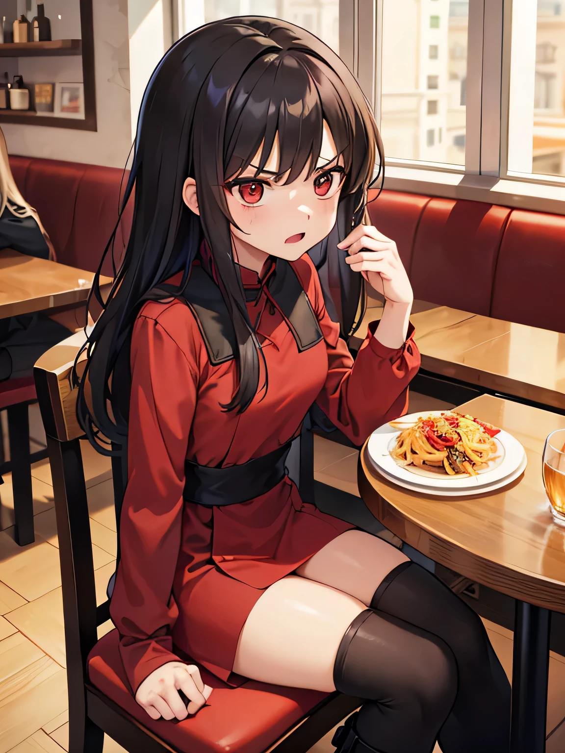 (1) A woman is sitting alone at a table in a restaurant.
(2) women look mature、She is wearing a red mini dress with long sleeves and long black boots..
(3) The woman&#39;s expression is angry.
(4) The place is inside a small Italian restaurant.
(5) There is only one pasta item on the woman&#39;s table..