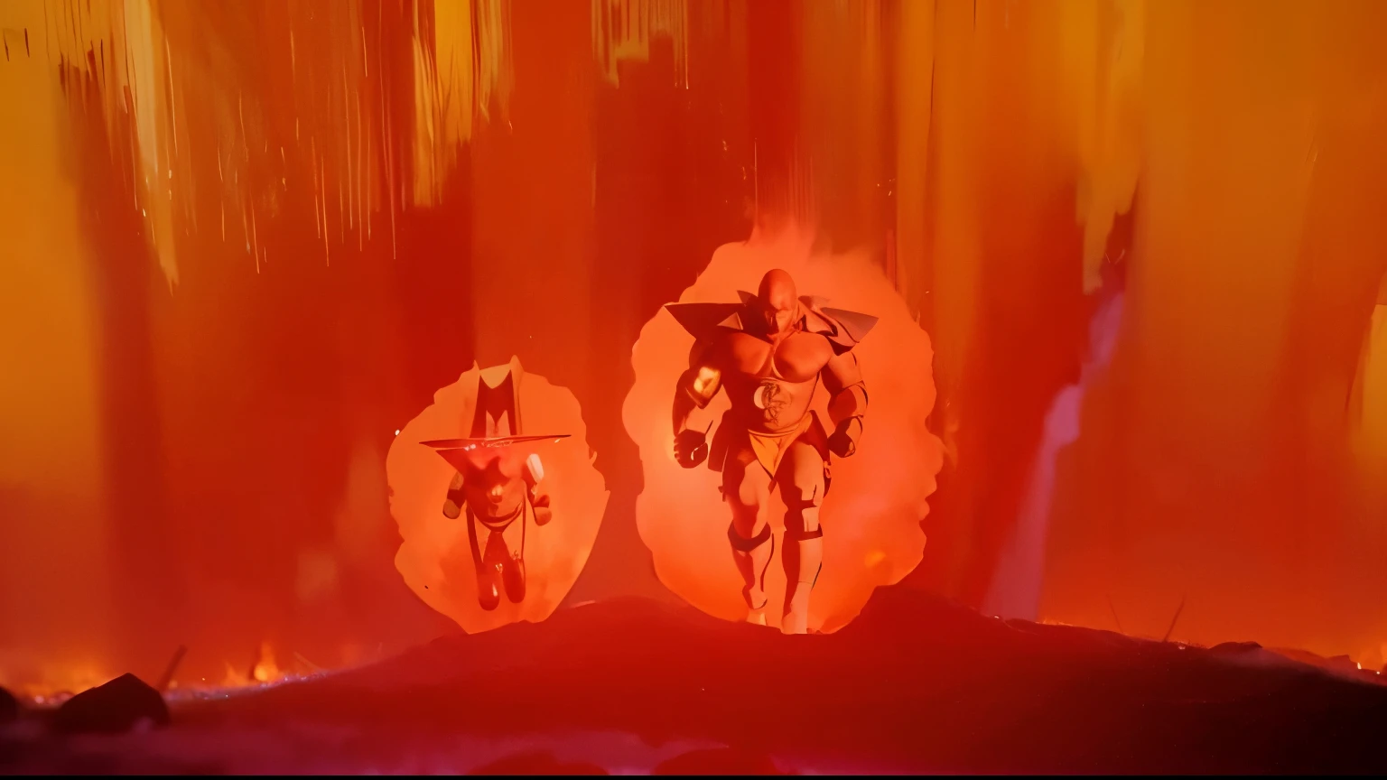 Wide shot of two menacing men surrounded by a force aura, huge fire explosion in the background 
