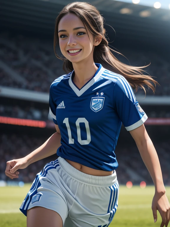 Photorealistic image ((masterpiece)), ((high quality)) UHD 8K, of a happy and smiling female soccer player, (medium chest), (thin waist), wearing (blue and white soccer uniform), luminous blue eyes , long brown hair, playing on a soccer field