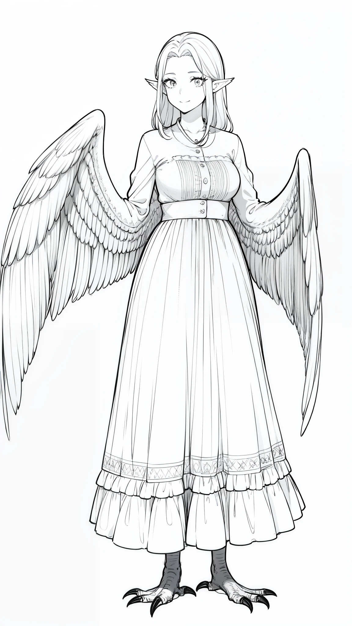 1woman,40s,mature female,milf,happy,casual outfit,long hair,white hair,pointy ears,harpy,wings,no arms,(white background,line drawing),