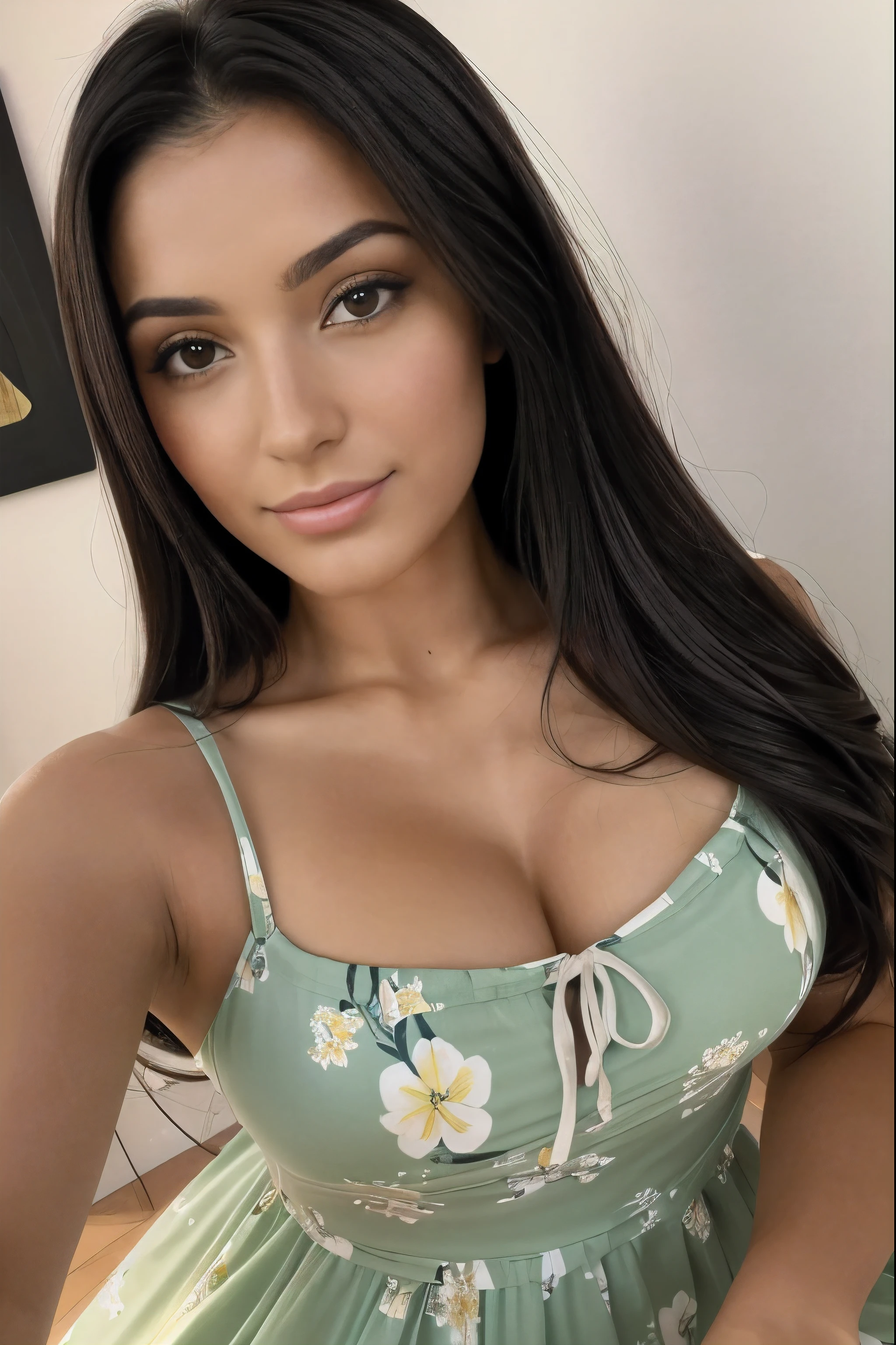 ((melhor qualidade)), ((obra de arte)), (detalhado), rosto perfeito ((meia idade)) ((33 anos)) brunette with long black hair Spanish Latin features, com olhos verdes grandes e brilhantes, posing for a selfie wearing a floral sundress