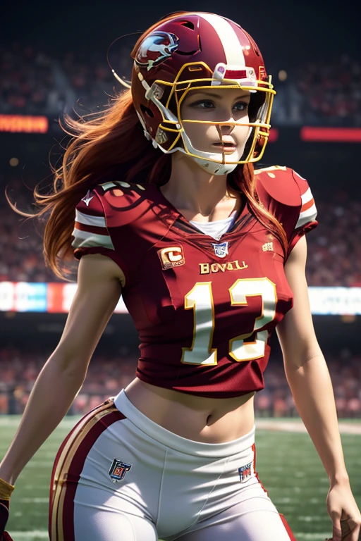Photorealistic image ((masterpiece)), ((high quality)) UHD 8K, of a fNFL woman, (medium chest), (thin waist), wearing (sexy football uniform, NFL. red and gold), (NFL helmet), bright blue eyes, long red hair, playing on a football field