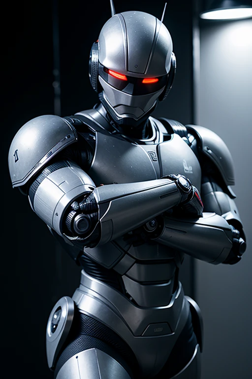 Robocop, action pose, eye contact, looking at the viewer, masterpiece, best quality, perfect detail, perfect face detail, perfect eye detail, perfect skin detail, depth of field, perfect lighting