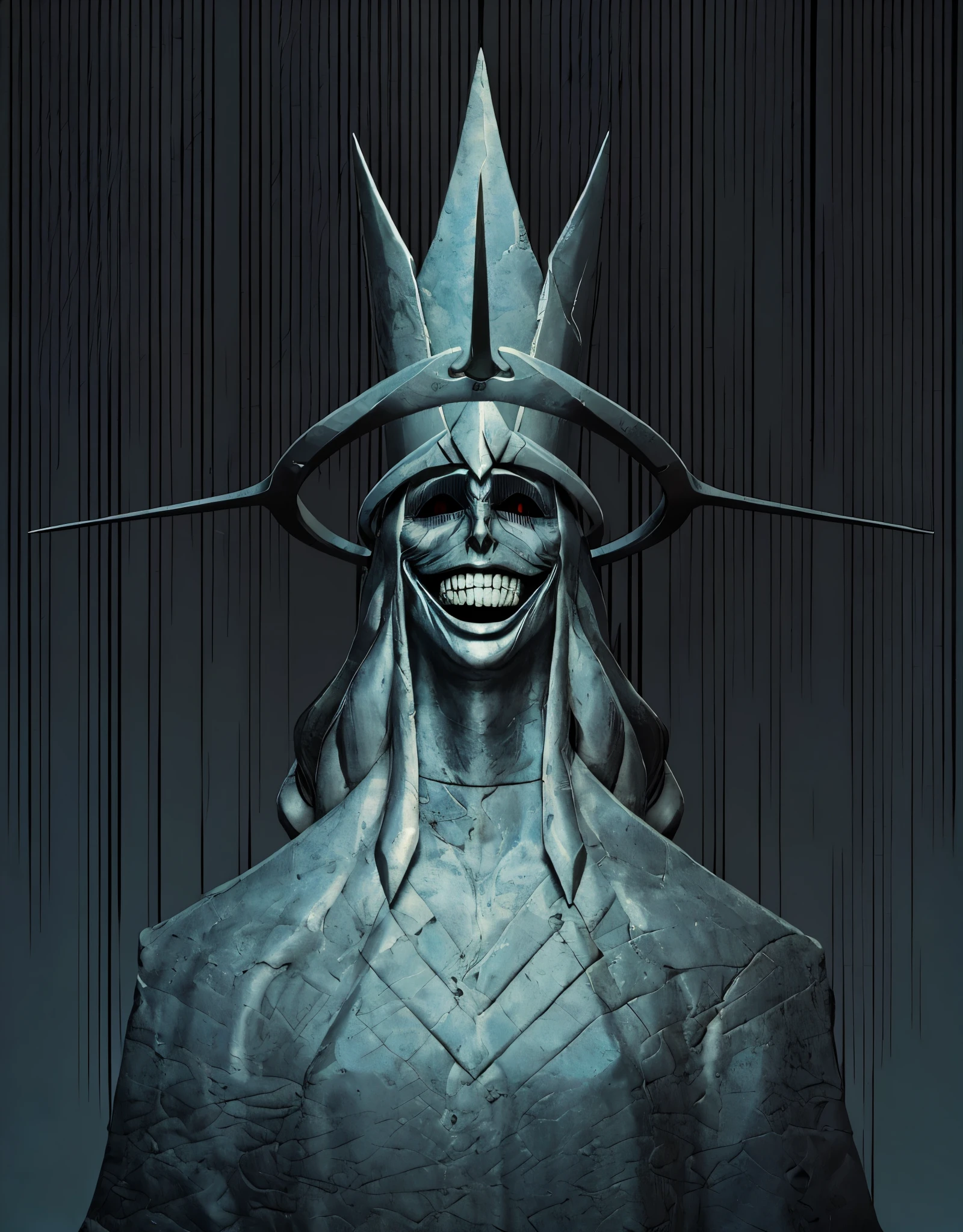 a closeup of a statue of a man with a crown on his head, evil villain smile, Evil smile, Retrato do Deus da Morte, ((kinematics)), realista, detalhado, estatua de pedra, rocha, textura de pedra, Statue of Death God (Solo Leveling), Movie scene, film ((Fotorrealista)), olhos vermelhos brilhando, rosto detalhado, cores abstratas, textura, Film grain, poros da pedra:0.1 foto RAW hasselblad dslr, Intricate, backlit dramatic portrait of a statue with evil smile, still frame of cinematic film, (analog style)1.3 (Film grain)1.3