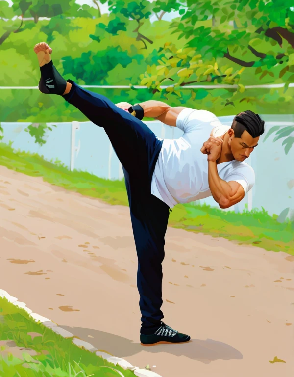 painting of a man in a white shirt and black pants kicking, pose de arte marcial, inspirado em Arnold Bronckhorst, in the style of sifu 🔥 😎 🕹️ 👀 :2, Karate Kick, chute alto, em pose de luta, in fighting position, Man standing in defensive pose, in an action pose, very artistic pose, karate pose