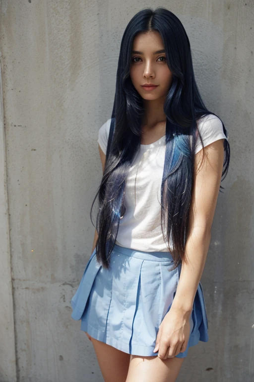 blue long straight hair,angel face,Light color short skirt