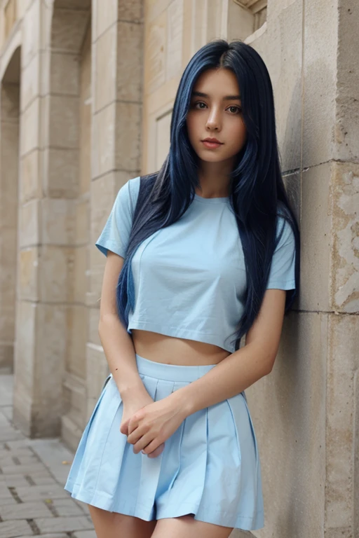 blue long straight hair,angel face,Light color short skirt