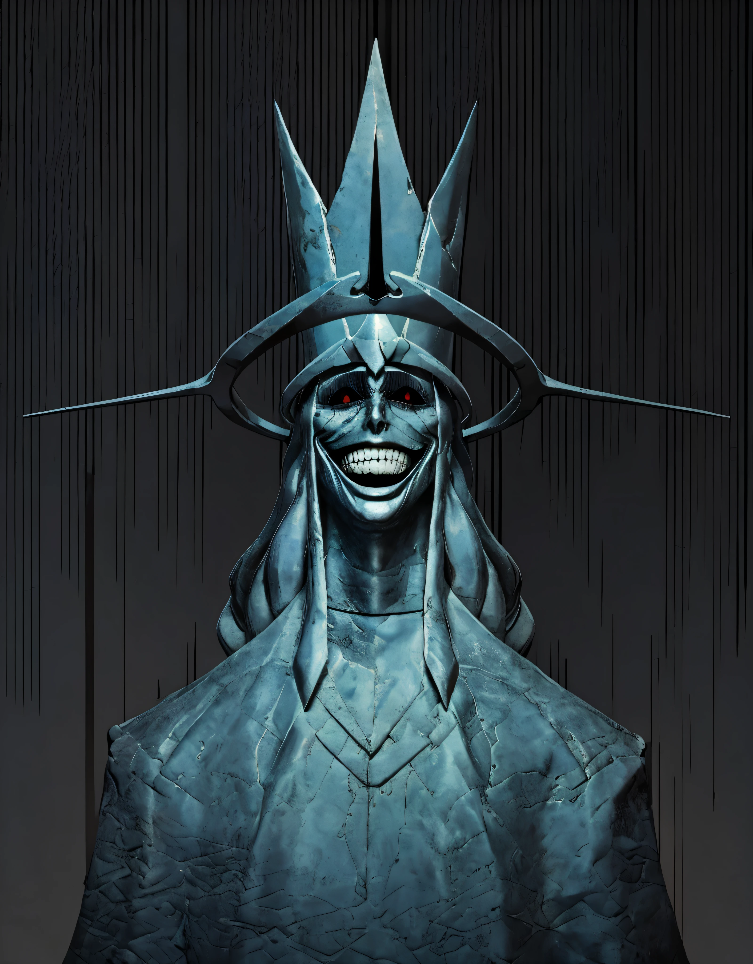 a closeup of a statue of a man with a crown on his head, evil villain smile, Evil smile, Retrato do Deus da Morte, ((kinematics)), realista, detalhado, stone statue, rocha, textura de pedra, Statue of the God of Death (Nivelamento solo), cena do filme, filme ((fotorrealista)), olhos vermelhos brilhando, Rosto detalhado, Cores abstratas, textura, Film grain, poros da pedra:0.1 foto RAW hasselblad dslr, Intricado, dramatic backlit portrait of a statue with evil smile, still cinematographic film frame, (analog style)1.3 (Film grain)1.3