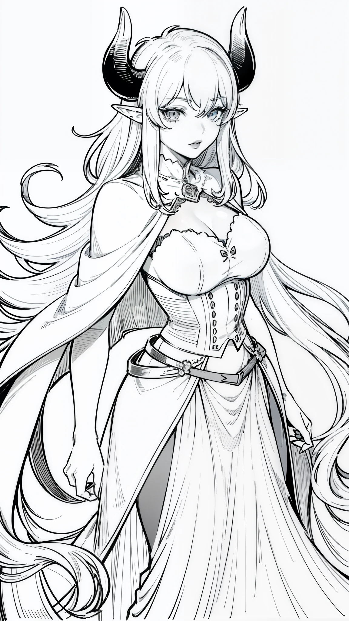 1woman,40s,mature female,milf,serious,lipstick,white hair,llong hair,long cape,elf ears,horns,hair over one eye,(white background,line drawing),