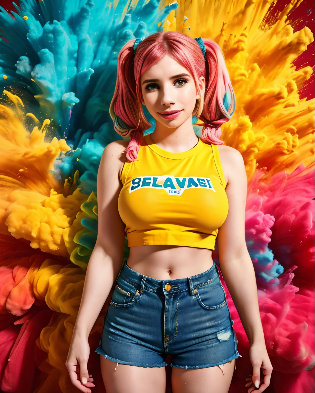 ((Emma Roberts, emrb, camiseta molhada, bigfaketits, mamilos excitados)),master part,best quality,intrincado,aesthetic,Rosto detalhado,Subsurface scattering,Olhando para o Viewer,
1girl,foto de uma  bonito corpo inteiro,Sorriso leve,encantador,20 anos,cabelo twintails.crew cut,colorido,splatter de tinta,Tecelagem,pano,
BigFaketits, shorts jeans rasgado e curto