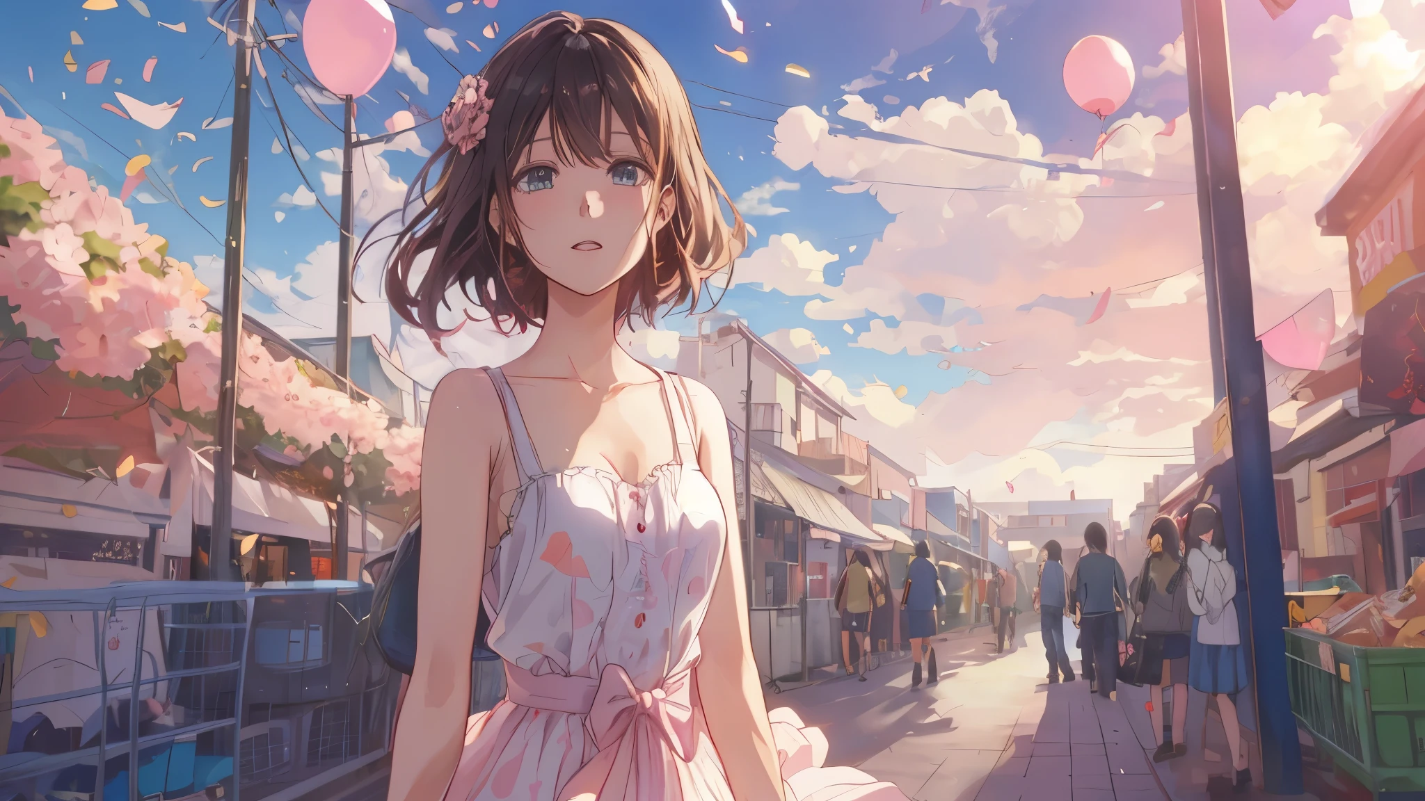 chica anime con vestido rosa caminando por una calle con globos en el cielo, estilo animado 4 k, hermoso anime girl, hermoso anime portrait, estilo animado. 8k, Chica Lofi, linda chica anime, hermoso anime, Fondo de pantalla de arte anime 4K, Fondo de pantalla de arte anime 4k, fondo de pantalla de arte anime 8 k, Fondo de pantalla animado 4K, hermoso anime artwork