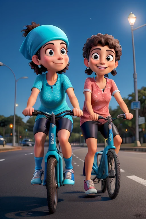 Duas amigas de 20 anos de idade pedalando em suas bicicletas azul e preta em uma noite de luar