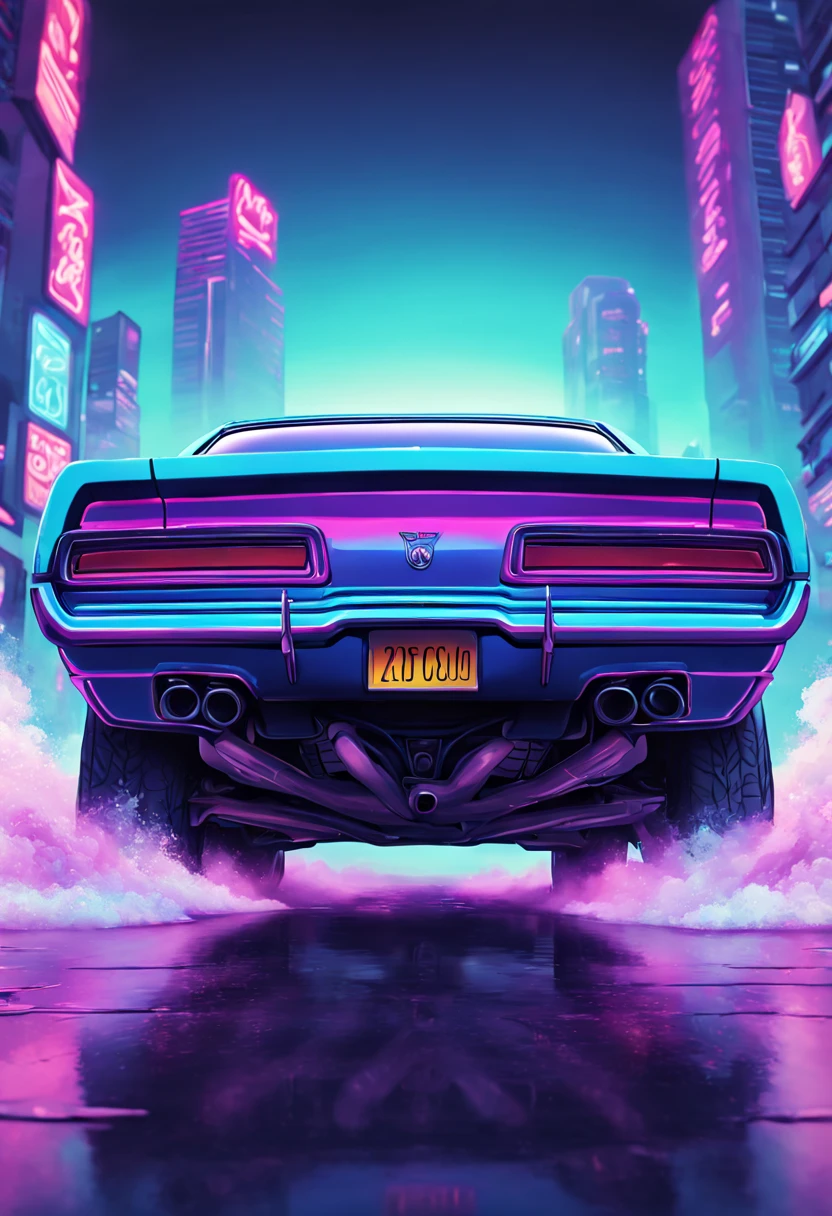 Vapor wave colored muscle car poster by jackie duneke rebecca king, in the style of cyril rolando, colored cartoon style, dark tonalities, ray tracing, low-angle, grzegorz domaradzki, iconic pop culture caricatures
