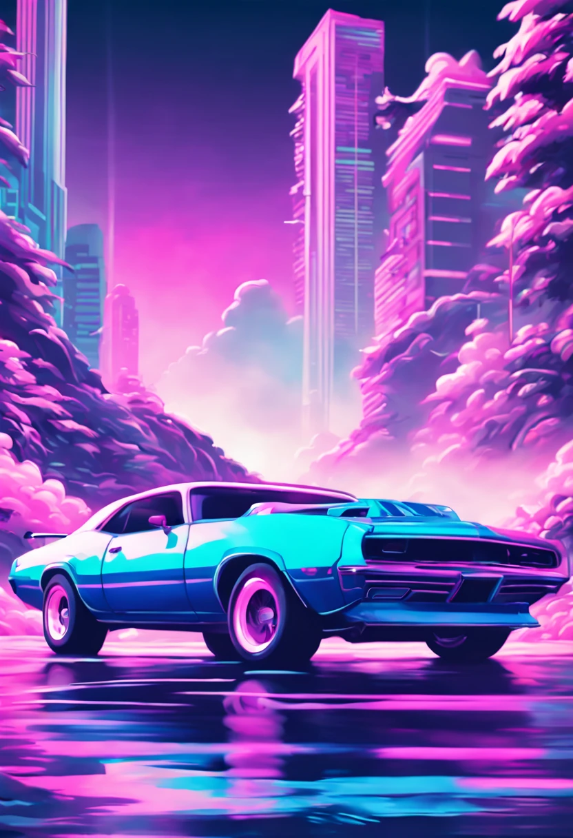 Vapor wave colored muscle car poster by jackie duneke rebecca king, in the style of cyril rolando, colored cartoon style, dark tonalities, ray tracing, low-angle, grzegorz domaradzki, iconic pop culture caricatures