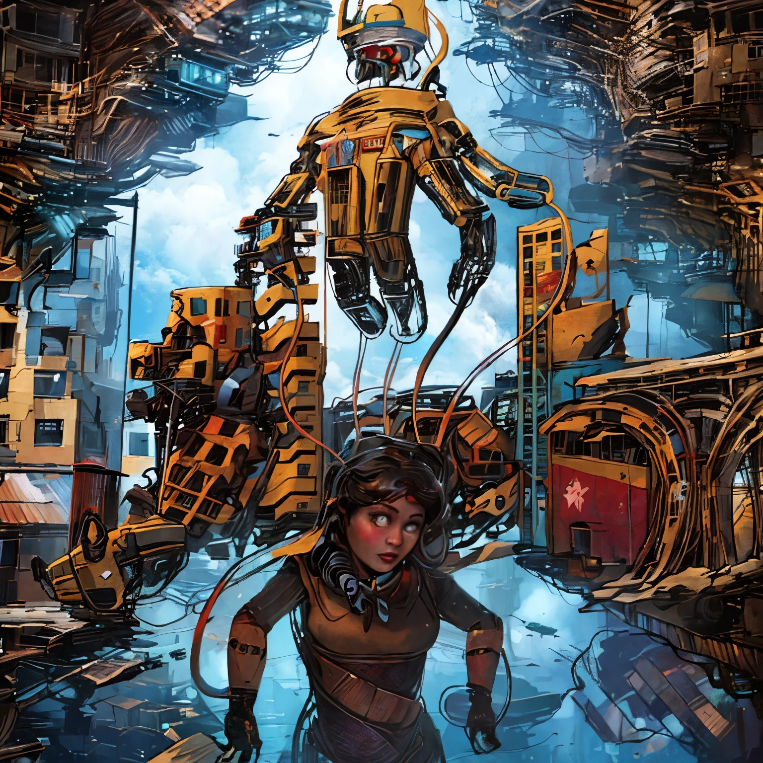 a drawing of a woman standing in front of a robot, Ruins of Robot City, woman and robot, inspirado em Will Eisner, inspirado em William Stout, bionic drawing exploded, tinta e tom de tela, giant broken robot, robot girl, inspirado em Yuko Shimizu, em uma paisagem urbana arruinada, inspirado em Jack Kirby, inspirado em John Romita Jr.