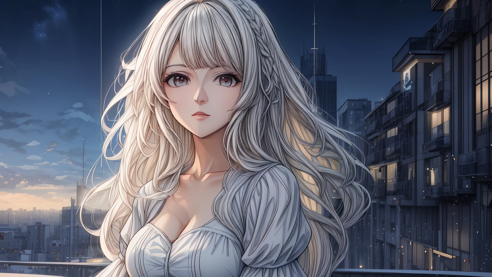 Chica anime con largo cabello blanco y ojos azules parada frente a un edificio., chica con pelo blanco, estilo anime 4k, chica perfecta de pelo blanco, Fondo de pantalla de arte anime 4K, Fondo de pantalla de arte anime 4k, fondo de pantalla de arte anime 8 k, hermoso retrato animado, hermosa chica anime, Fondo de pantalla animado 4K, arte de anime digital detallado, retrato chica anime, hermosa mujer anime