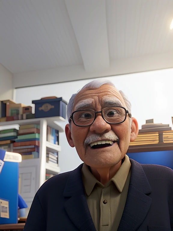 A wise old man standing in front, illuminated by the light of a lamp, tendo como pano de fundo uma biblioteca