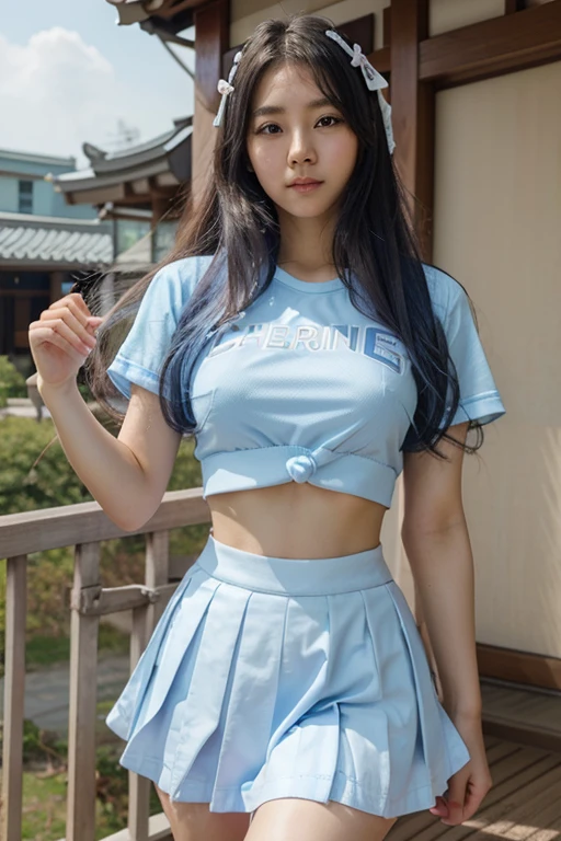Japanese and Korean angel faces,Light blue long wavy hair,Light blue skirt,White cheerleading tops,D cup