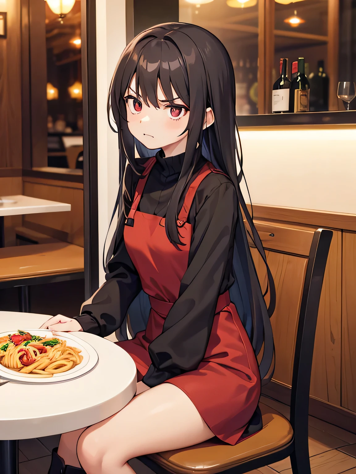 (1) A woman is sitting alone at a table in a restaurant.
(2) women look mature、She is wearing a red mini dress with long sleeves and long black boots..
(3) The woman's expression is angry.
(4) The place is inside a small Italian restaurant.
(5) There is only one pasta item on the woman's table..