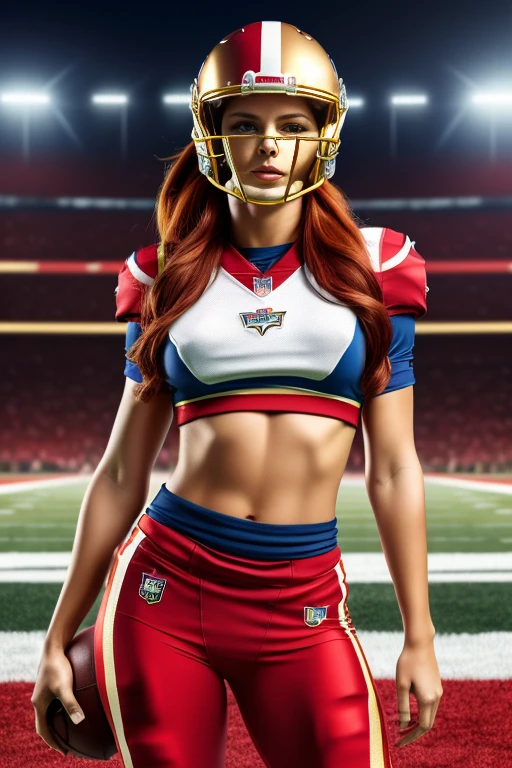 Photorealistic image ((masterpiece)), ((high quality)) UHD 8K, of a fNFL woman, (medium chest), (thin waist), wearing (sexy football uniform, NFL. red and gold), (NFL helmet), bright blue eyes, long red hair, playing on a football field