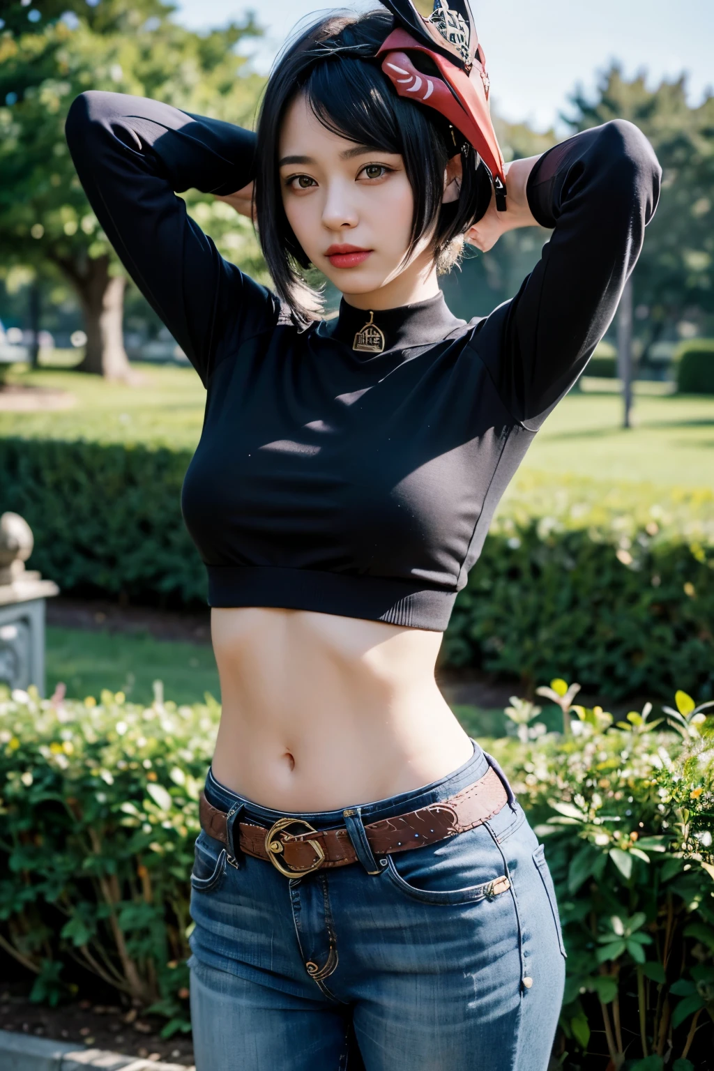 1girl, ((black long sleeved polo shirt, long dark blue jeans, iron belt), (midriff, navel), looking
at viewer, happy face, garden, fashion pose, (kujou sara:1.3), mask on head, blue hair, short hair, yellow eyes, (cinematic lighting, best quality, master
piece, anatomically correct, detailed textured skin, high details, best quality, highres, HD,
4K, 8k, super detail)
