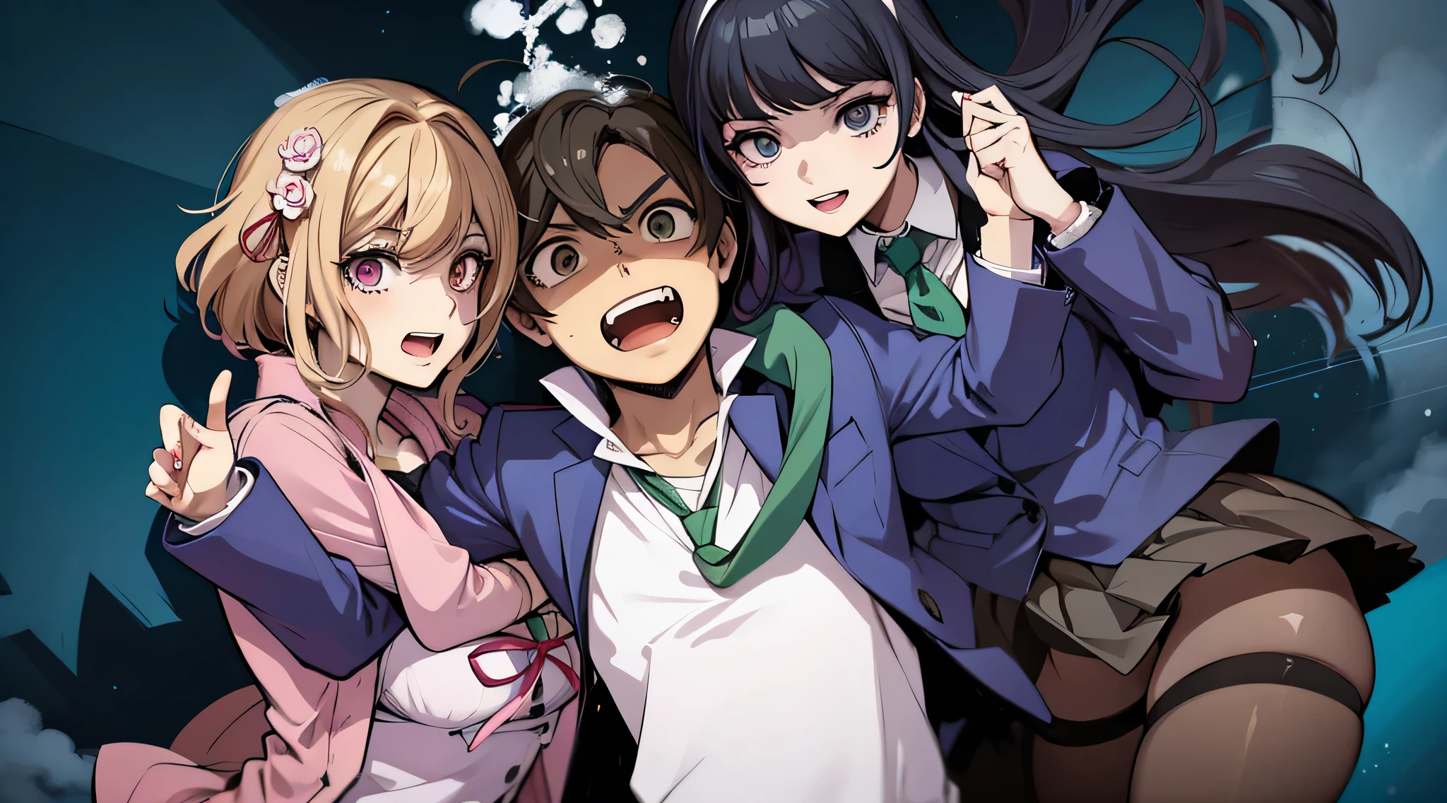 personagens de anime posando para uma foto em frente a um fundo escuro, estilo de arte anime moe, digital art from Danganronpa, Yandere, Yandere. alto, assarmonogatari, shirobako, gapmoe Yandere, kantai collection style, por Shingei, fanart de alta qualidade, Clube de Literatura Doki Doki, Danganronpa