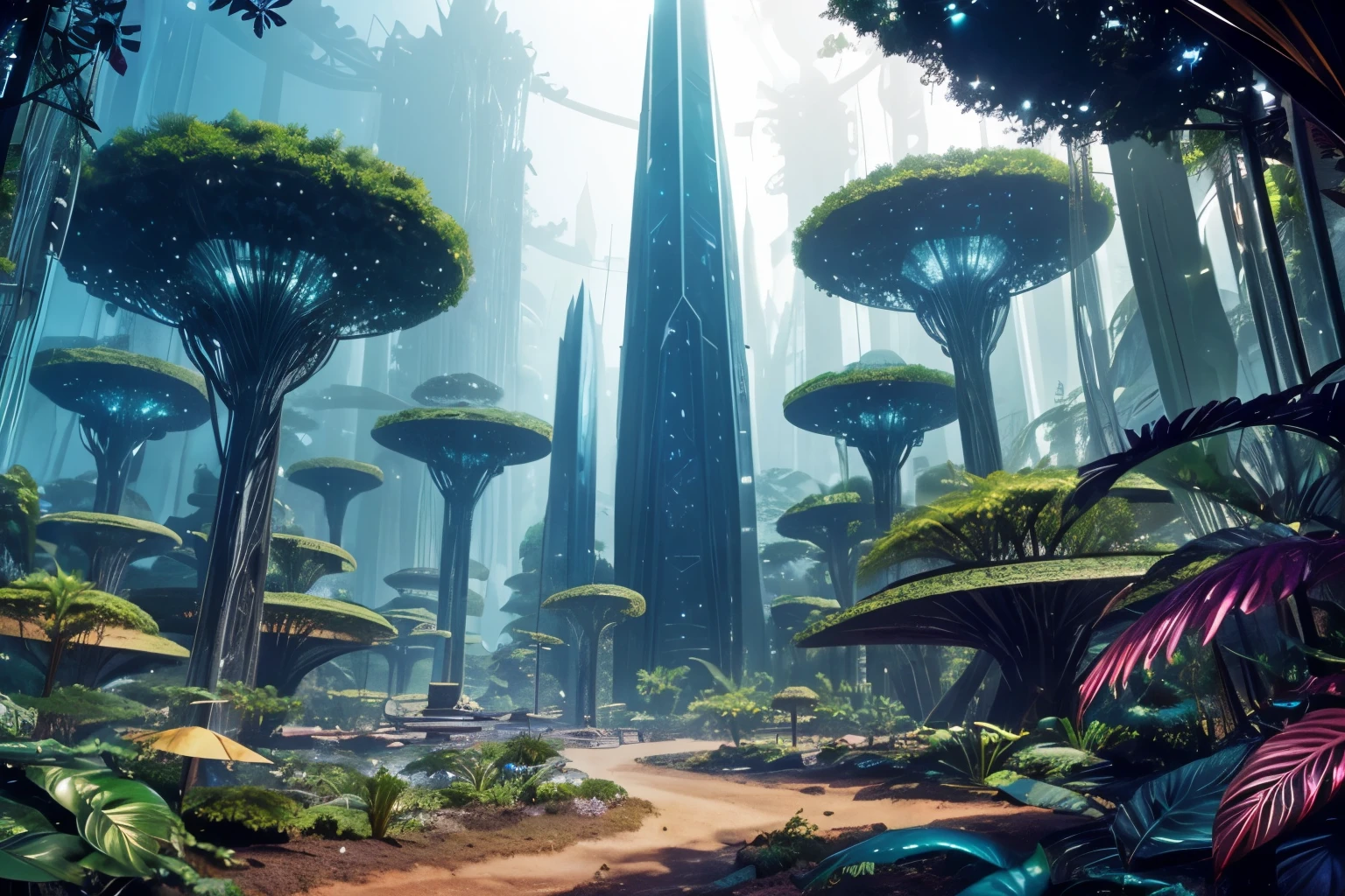 a crystalline form piercing erect through soil, sci-fi setting, in an alien jungle,