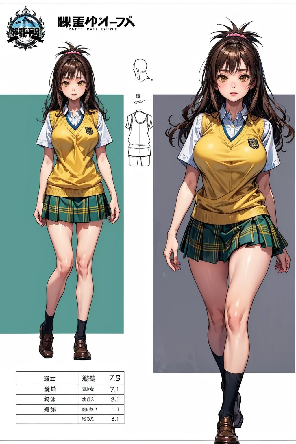 girl, solo, full body, from head to toe, standing, (Huge_Breasts:1.3), beautiful body, perfect body, nice body,
((Character Design Sheet:1.7, character reference sheet:1.7,)),
mikan yuuki, (brown eyes:1.5), brown hair, hair ornament, hair scrunchie, long hair, pink scrunchie, scrunchie, green skirt, plaid, plaid skirt, sainan high school uniform, school uniform, skirt, shirt, white shirt, sweater vest, (yellow sweater vest:1.5), short skirt, mini skirt,