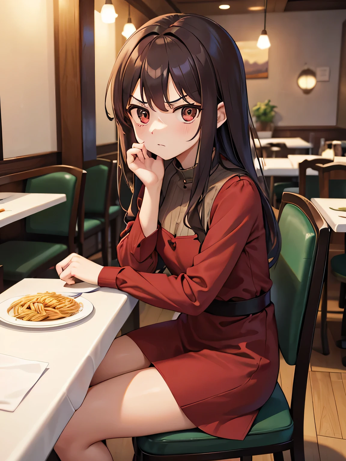(1) A woman is sitting alone at a table in a restaurant.
(2) women look mature、She is wearing a long-sleeved red mini dress and long brown boots..
(3) The woman's hair color is black、facial expression is angry.
(4) The place is inside a small Italian restaurant.
(5) There is only one pasta item on the woman's table..